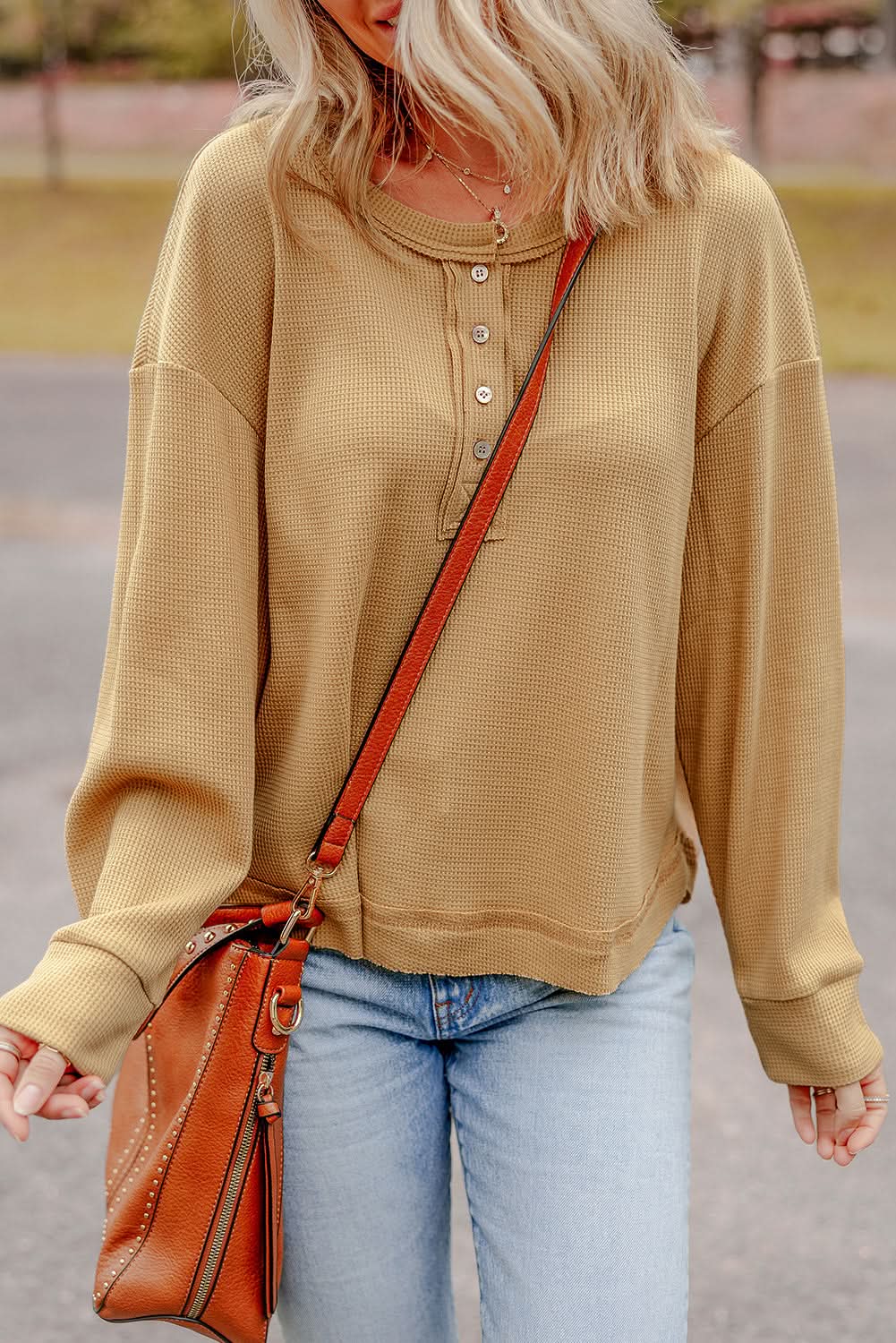 Camel Textured Knit Drop Shoulder Oversized Button Down Shirt - Women's Boho Chic Loose Blouse for Casual Outings & Layered Fall Fashion