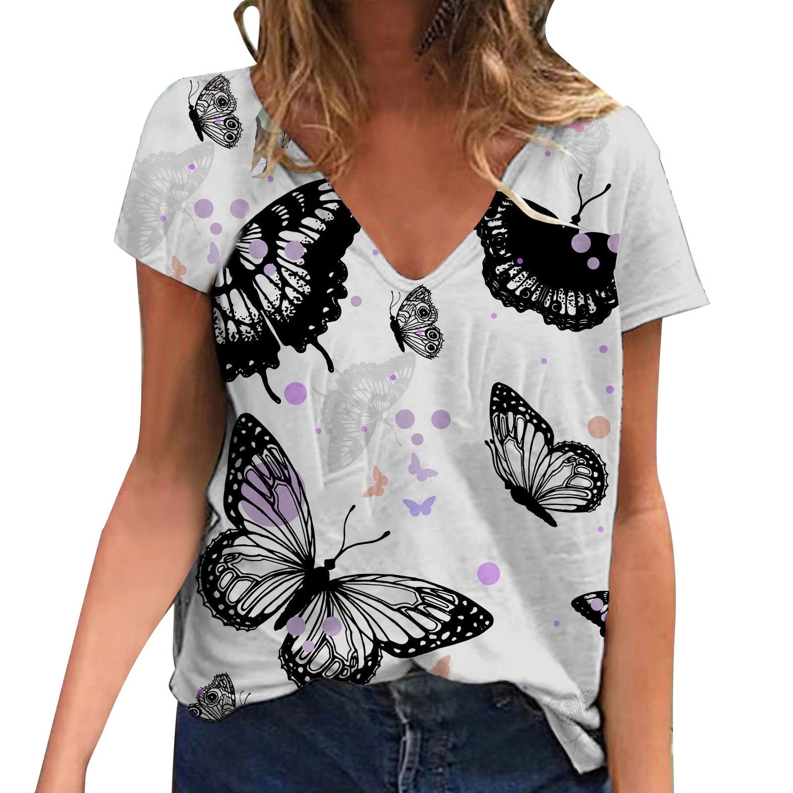 Trendy Women's Summer Casual V-Neck Printed T-Shirt - Short Sleeve Loose Fit Tunic Blouse for Outgoing & Daily Wear (Black, XL) | Perfect for Beach, Shopping & Weekend Outings
