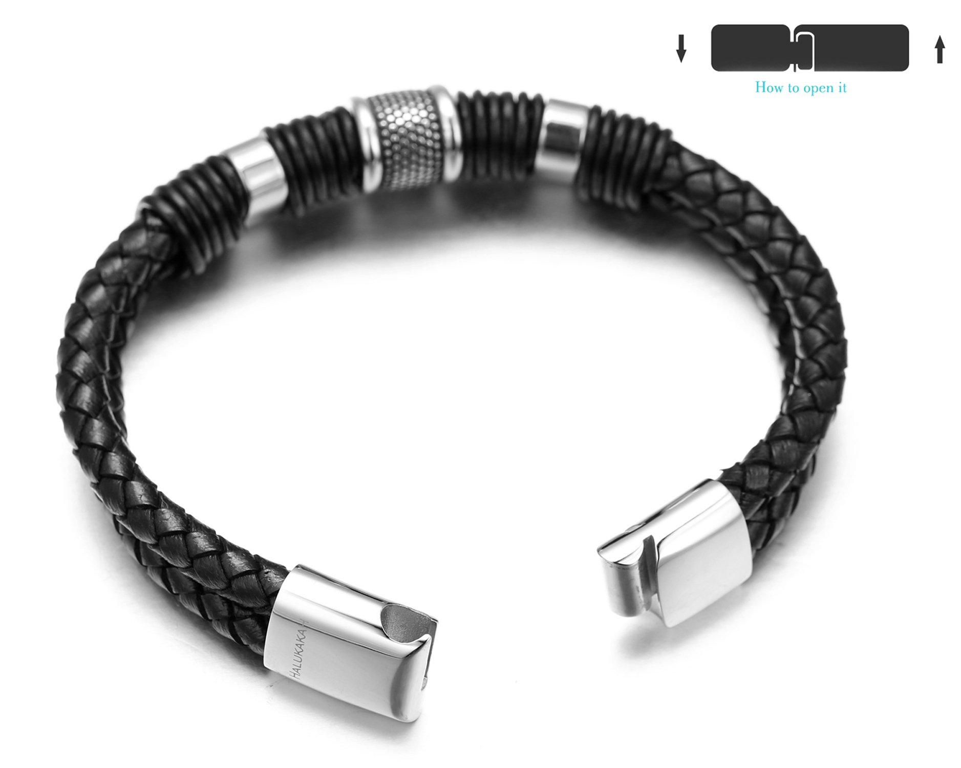 HALUKAKAH Boys Leather Bracelet - Genuine Cowhide Leather with 18k Gold/Platinum Plated Titanium Beads - Adjustable Magnetic Clasp (18-19.5cm) - Perfect Gift for Kids 6-12 Years - Ideal for Birthdays, Christmas & Special Occasions