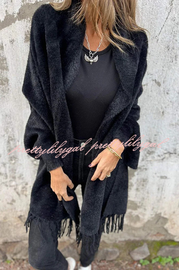 Cozy Knit Plush Tassel Trim Relaxed Shawl Cardigan for Women - Soft Warm Winter Wrap Sweater for Lounge, Travel & Casual Outfits