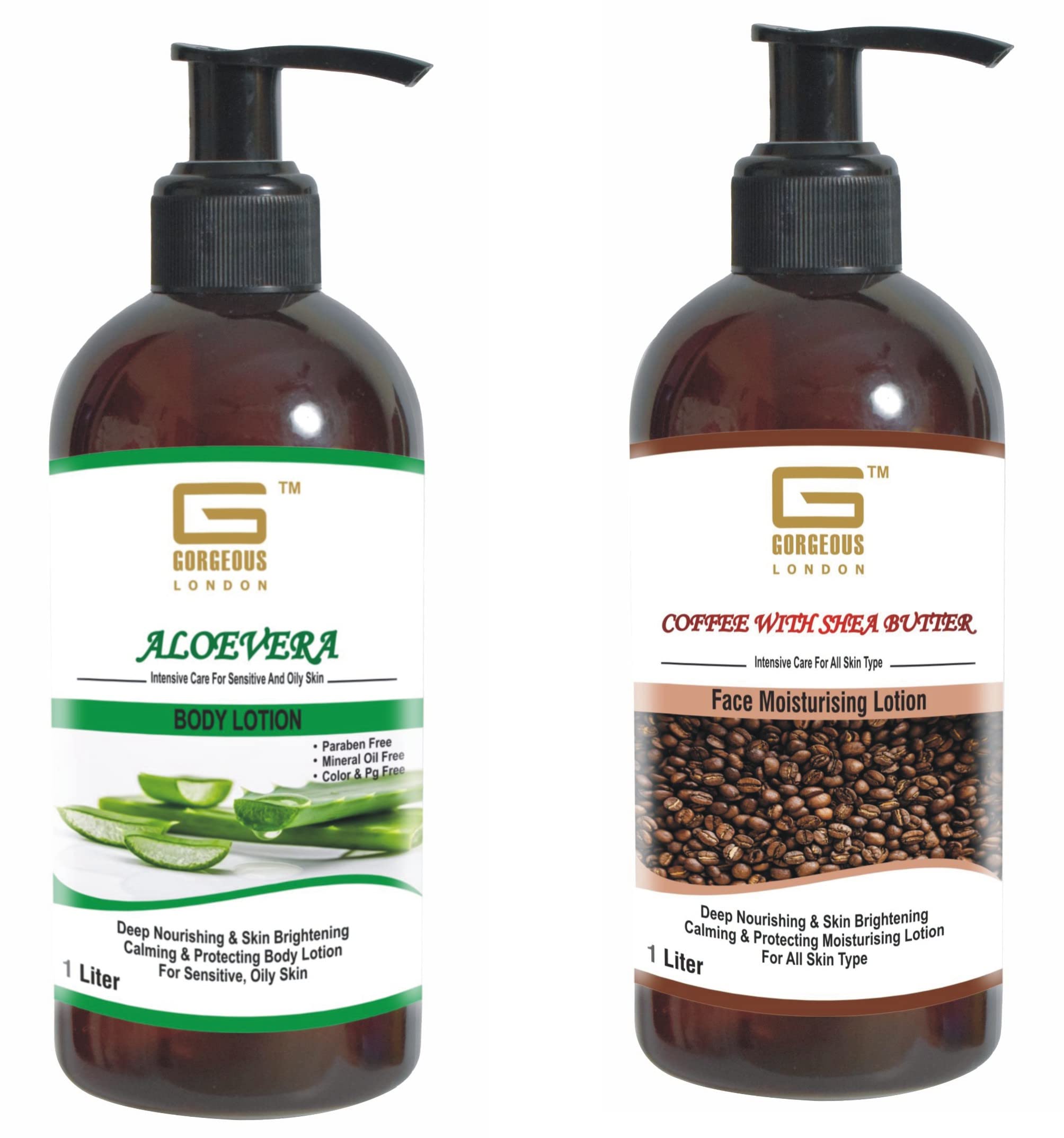 London Aloe Vera Body Lotion & Shea Butter Coffee Face Moisturizer Combo (2-Pack, 1 Liter Each) - Hydrating Skincare Set for Dry Skin, Perfect for Daily Use & Gift Giving
