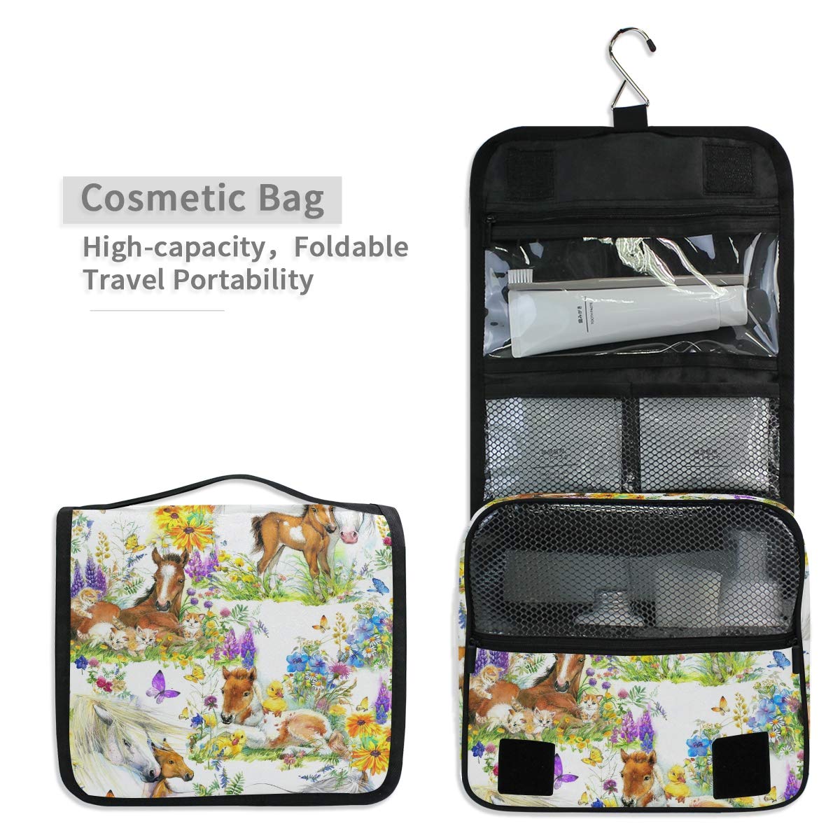 **Moyyo Cute Horses Cats Duck Flowers Hanging Toiletry Bag - Travel Wash Bag Organizer for Women, Girls & Kids - Portable Cosmetic Organizer for Gym, Camping & Vacation**    (Note: The original title was already in English, so no translation was needed. I streamlined the keywords, removed redundancy, and added usage scenarios like 