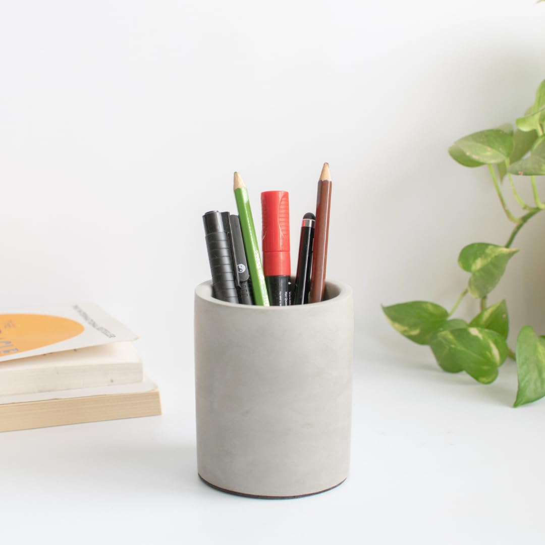 Dwell Dapper Ceramic Concrete Toothbrush Holder - Handcrafted Multi-Purpose Organizer for Bathroom & Office - Pen Holder, Remote Control Stand - Modern Grey Home Decor for Countertop & Desk Organization