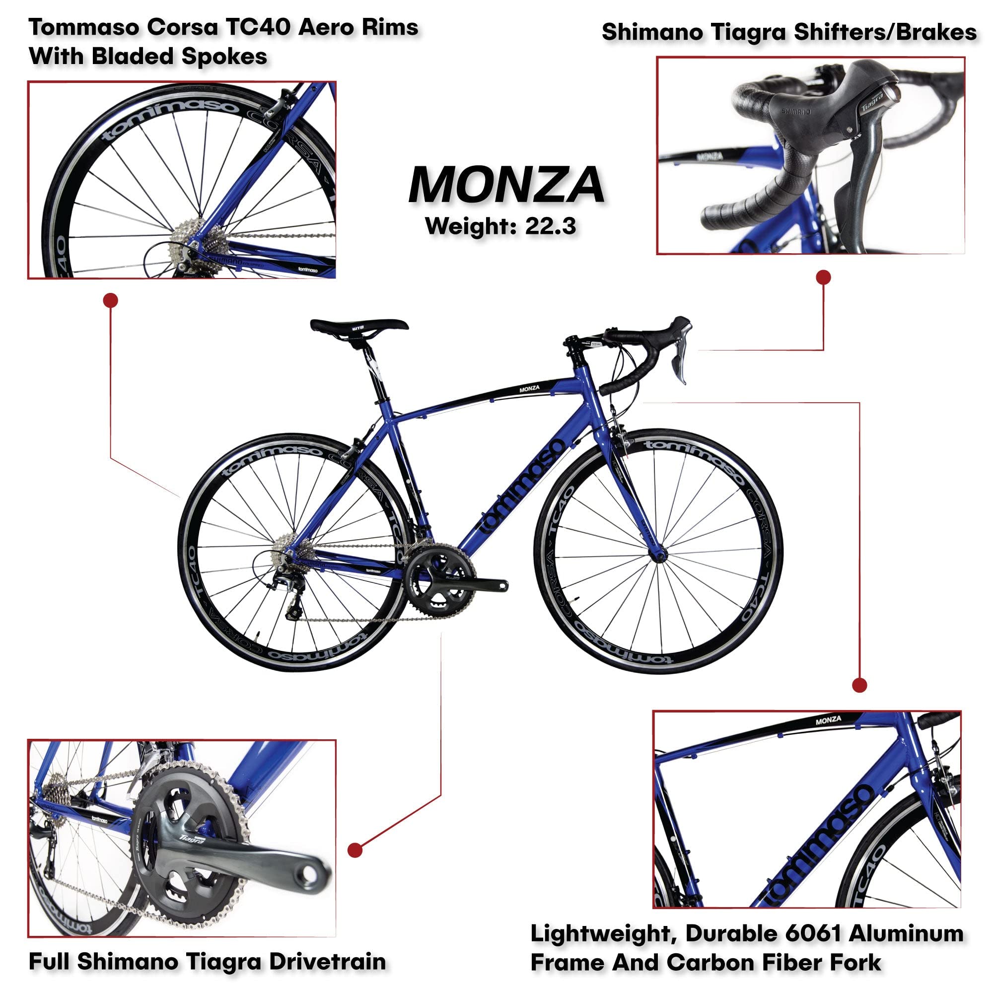 Tommaso Monza Aluminum Road Bike with Carbon Frame - Shimano Tiagra 24-Speed Men's Bicycle, Blue, 56cm - Perfect for Commuting, Fitness Training & Long-Distance Cycling