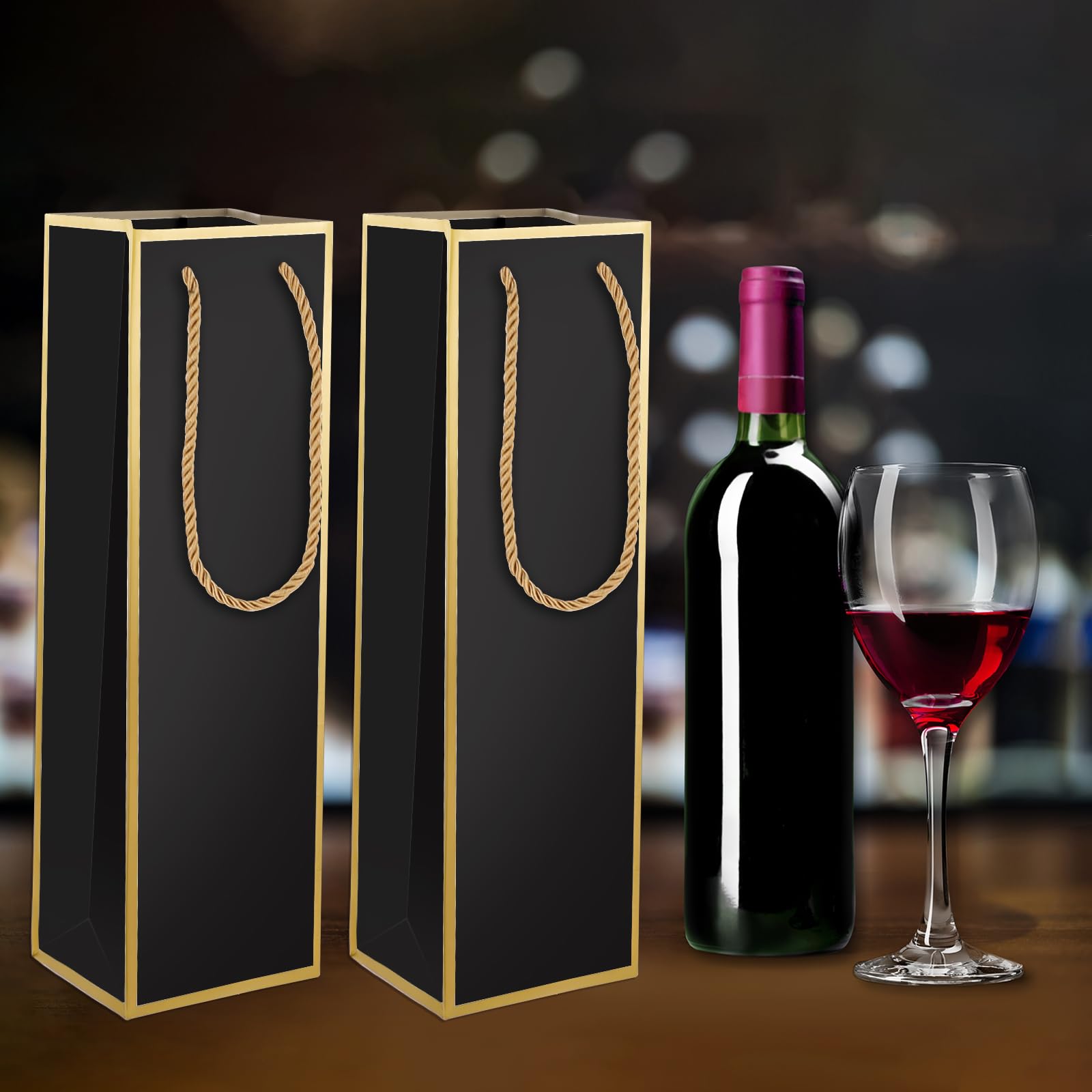 Luxury Wine Gift Bags 2 Pack - Reusable Gold Foil Print Black Wine Bottle Bags (4