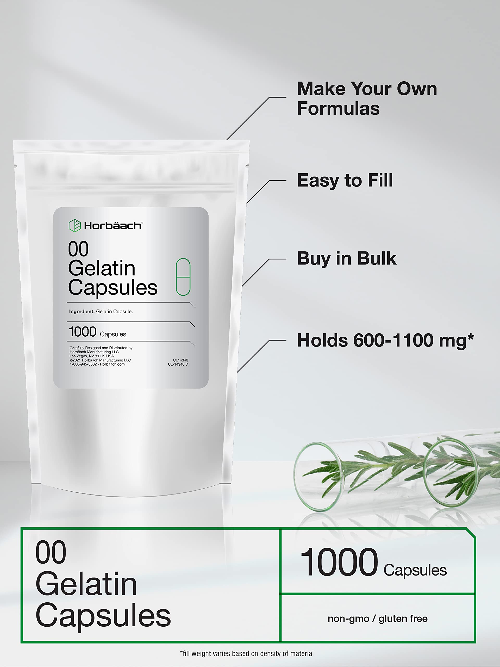 Horbaach 1000 Empty Size 00 Clear Gelatin Capsules - Non-GMO, Gluten Free, Resealable Bag for DIY Supplements, Herbal Remedies & Vitamin Filling | Perfect for Home Use & Small Business Packaging