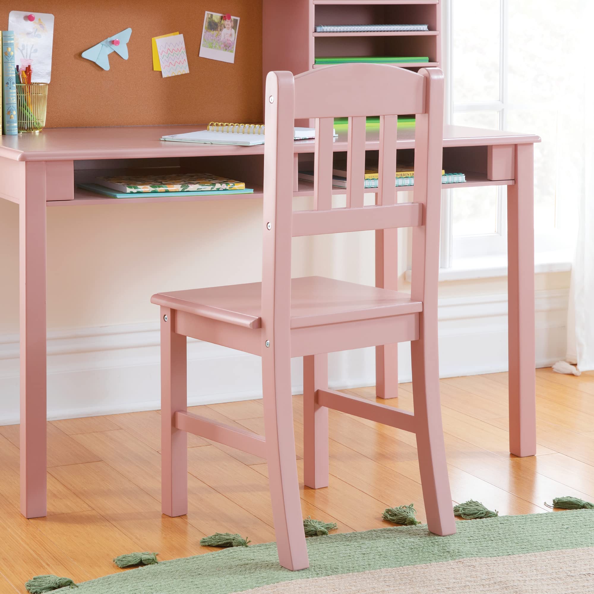 Guidecraft Kids Media Desk with Hutch and Chair Set - Pink | Wooden Study Desk with Storage Shelves & Corkboard | Girls Bedroom Furniture for Homework & Computer Use