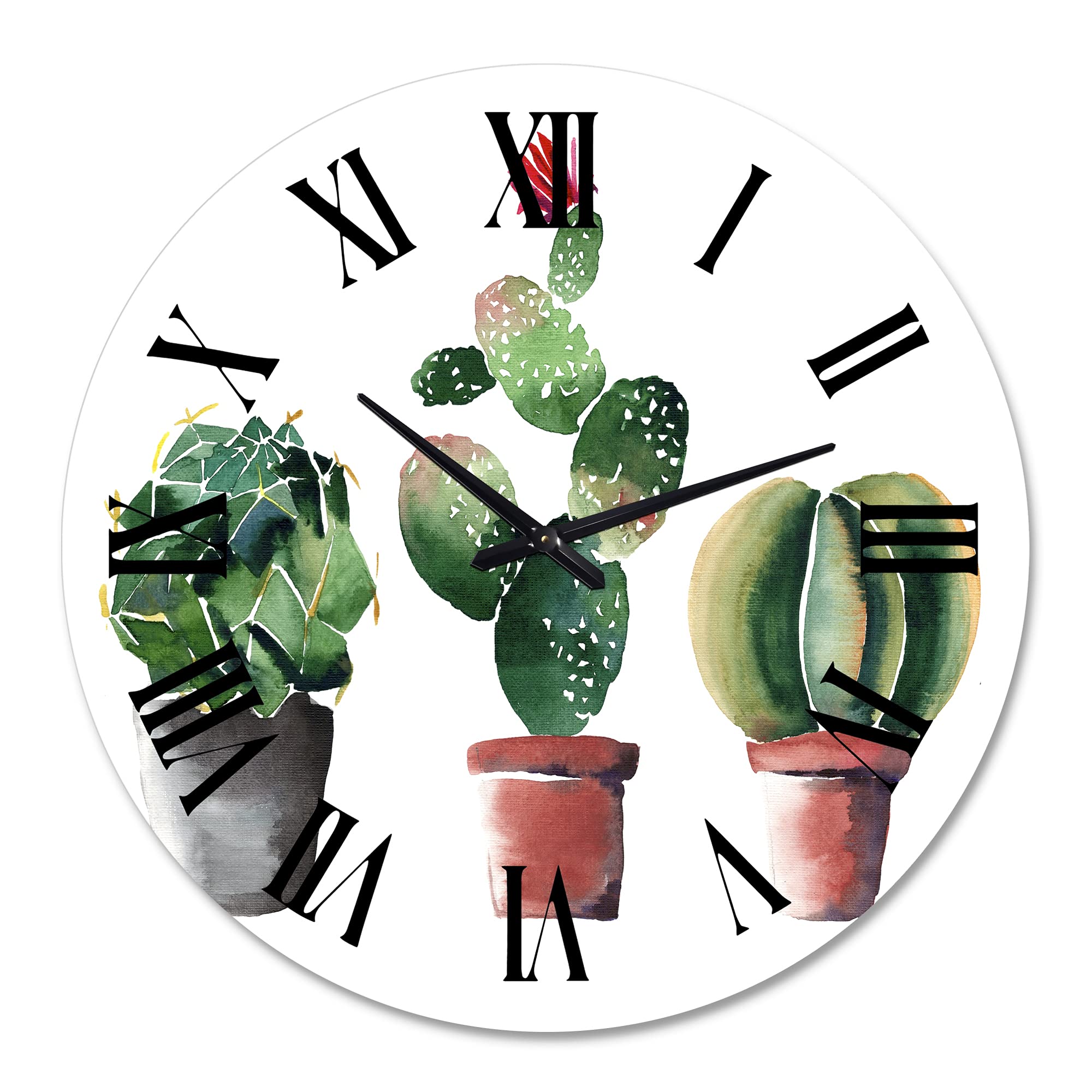 DesignQ Traditional Wall Clock 'Three Cactus in Clay Pots' - Large Floral & Botanical Wall Clock for Home, Office, Kitchen Decor - Perfect for Farmhouse, Boho & Rustic Interior Design Styles