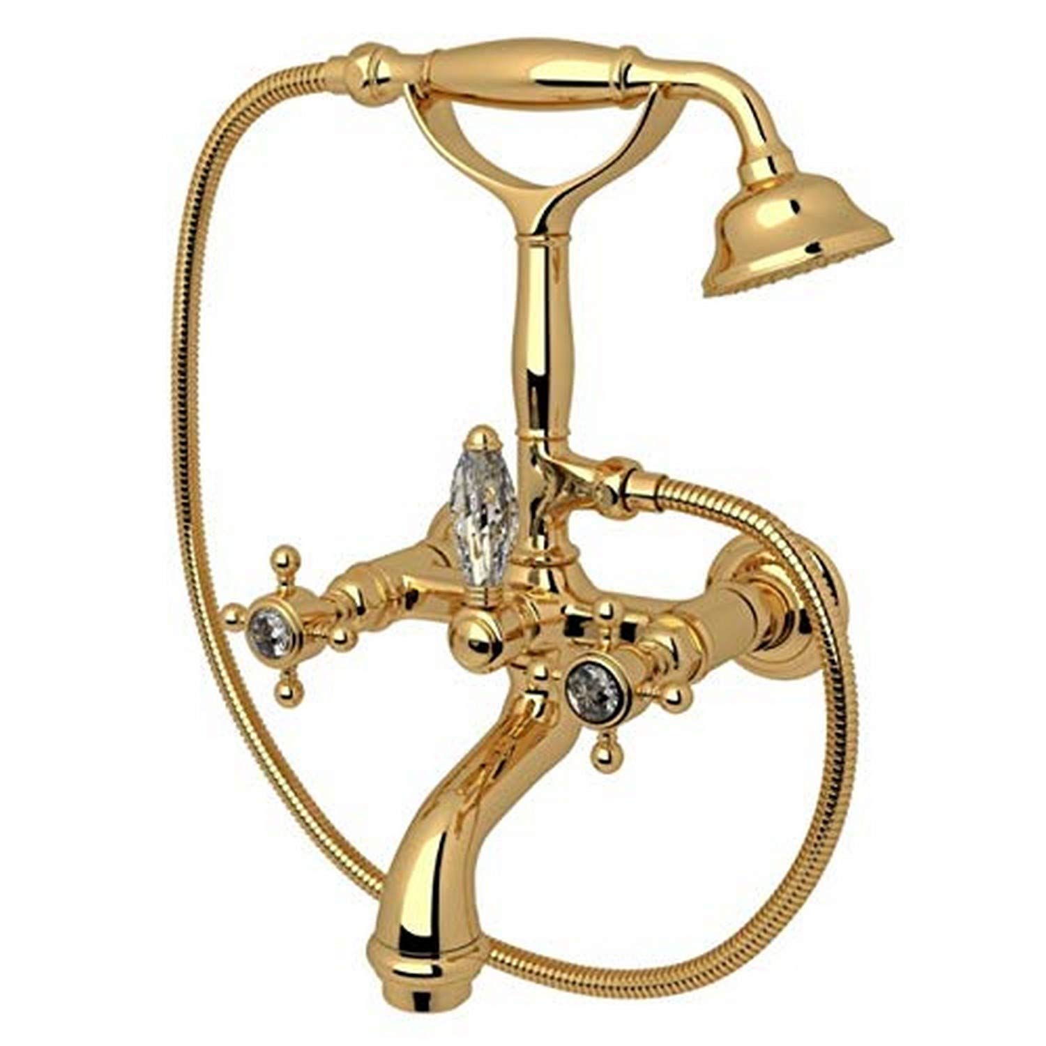 Rohl A2101XCIB Country Bath San Julio Exposed Wall Mounted Tub Shower Mixer with Handshower & Crystal Cross Handles in Inca Brass - Perfect for Vintage & Farmhouse Bathroom Decor