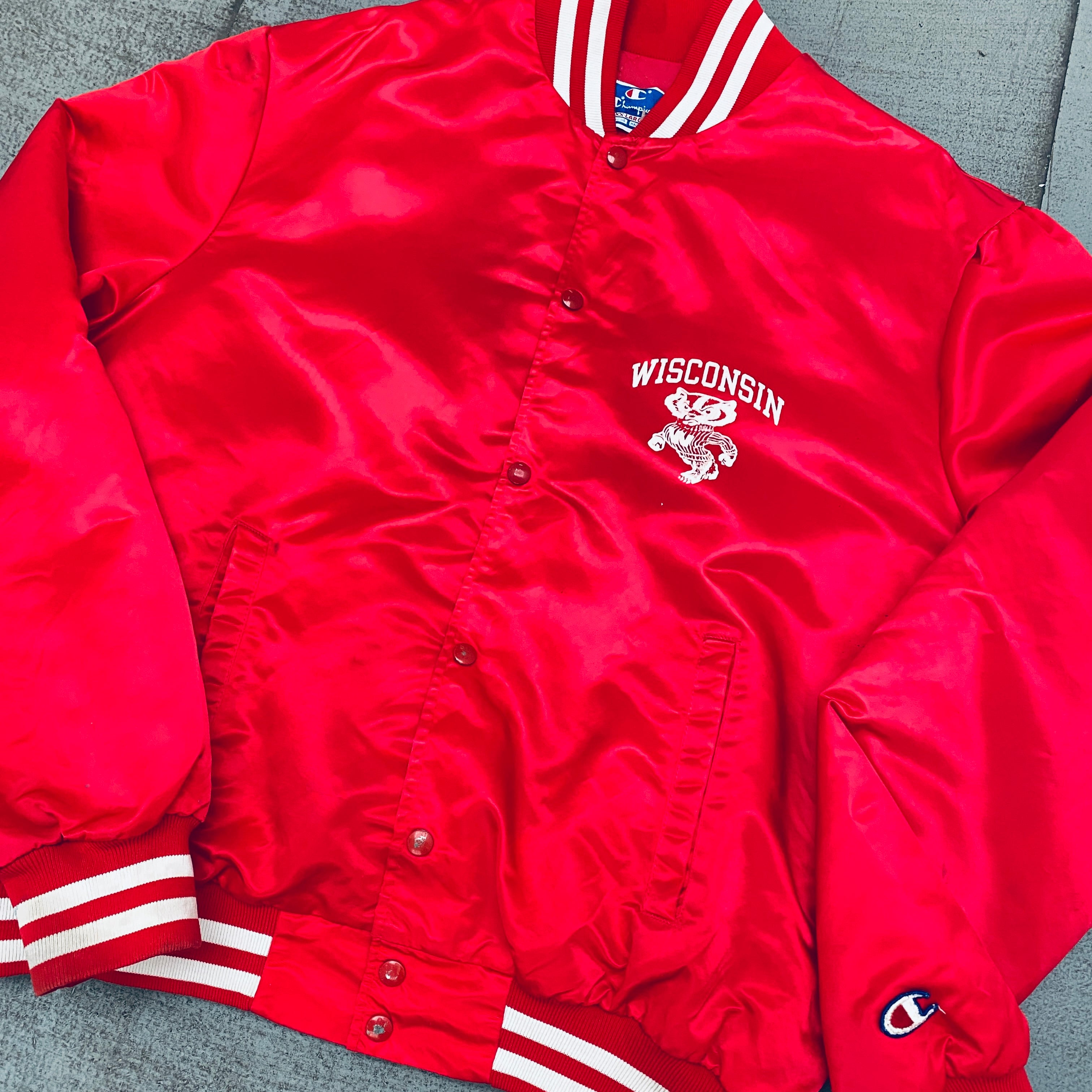 1990s Wisconsin Badgers Champion Satin Stitched Reverse Spellout Bomber Jacket - XL/XXL - Vintage College Football Apparel for Fans & Collectors