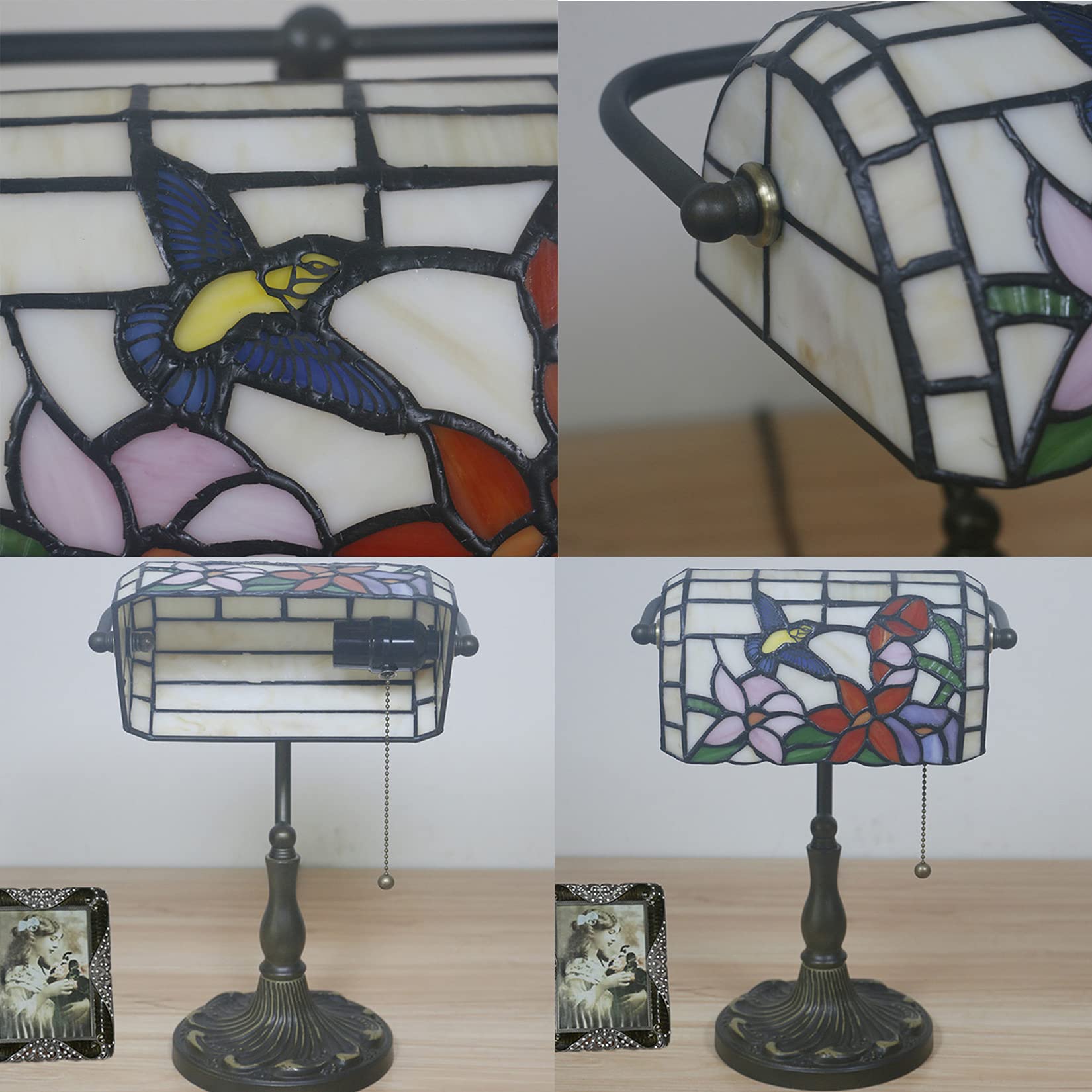 Vintage Tiffany Style Bankers Lamp - Stained Glass Shade & Antique Alloy Base Desk Light for Office, Piano, Bedroom, Living Room | Classic Green Table Lamp for Reading, Study & Night Light