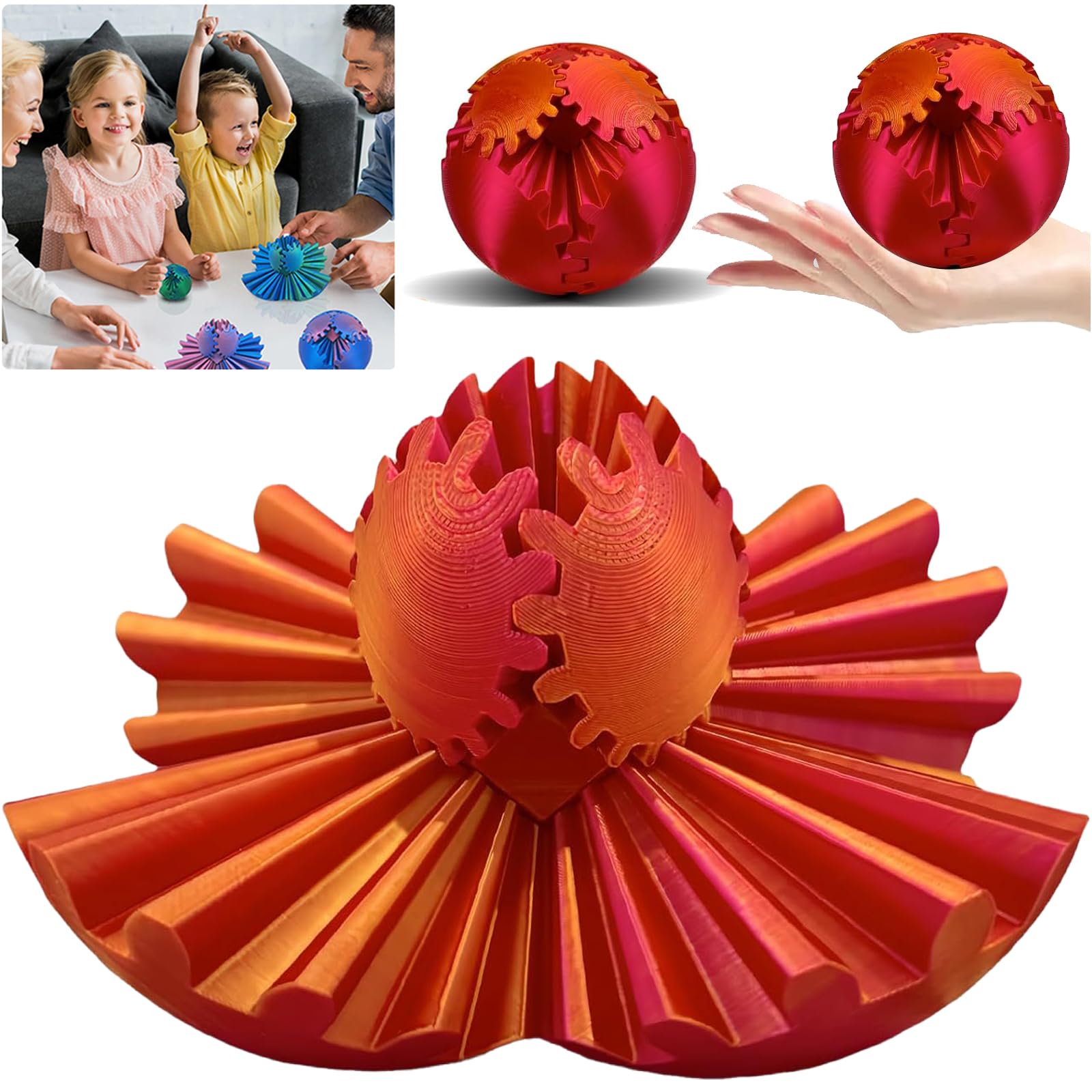 3D Printed Gear Sphere Fidget Toy - Stress Relief & Anxiety Relaxation for Kids & Adults - Perfect for Christmas, Birthday Gifts (Red) - Great for Office, School, Travel and Home Use