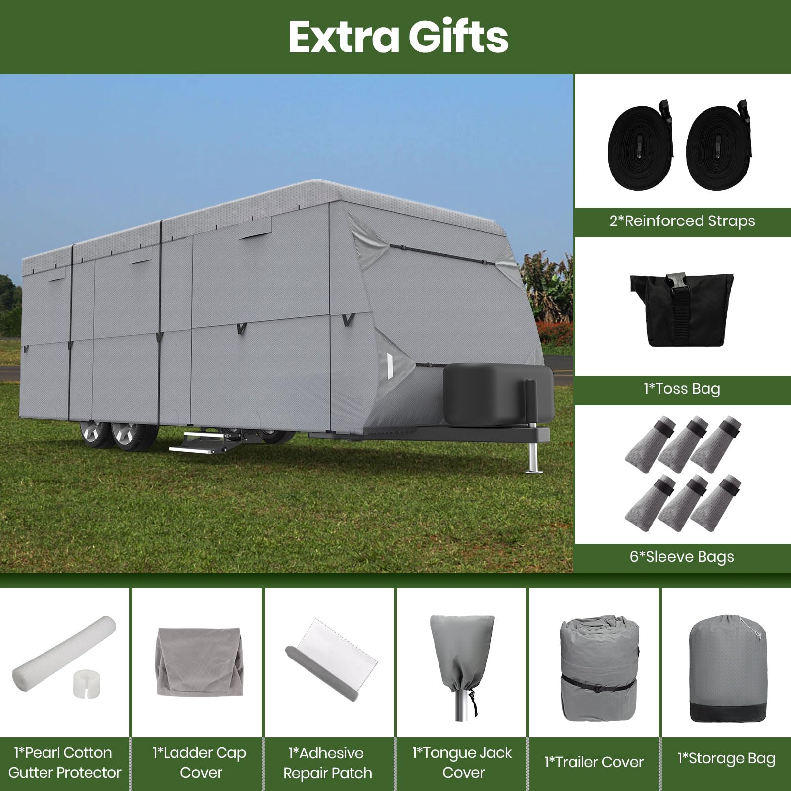 XGear Heavy-Duty 27'-30' RV Cover - 5-Layer Windproof & UV-Protected Travel Trailer Cover with Rip-Stop Fabric & 2 Extra Straps | Perfect for Outdoor Storage, Winter Protection, and Long-Term Travel
