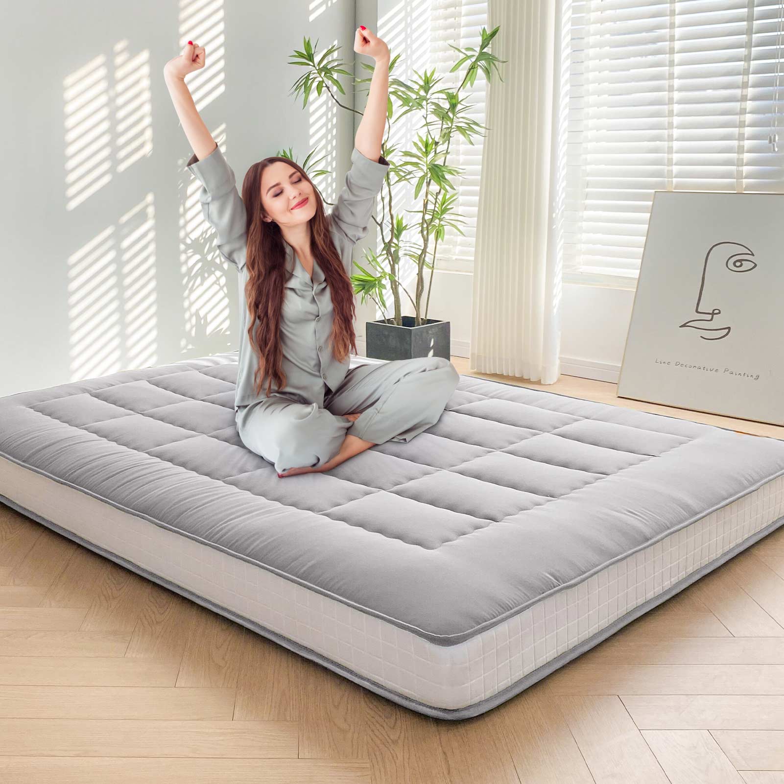 MAXYOYO 6-Inch Extra Thick Japanese Futon Mattress - Queen Size Floor Bed with Rectangle Quilted Design, Comfortable & Stylish for Home, Guest Room or Small Space - Grey
