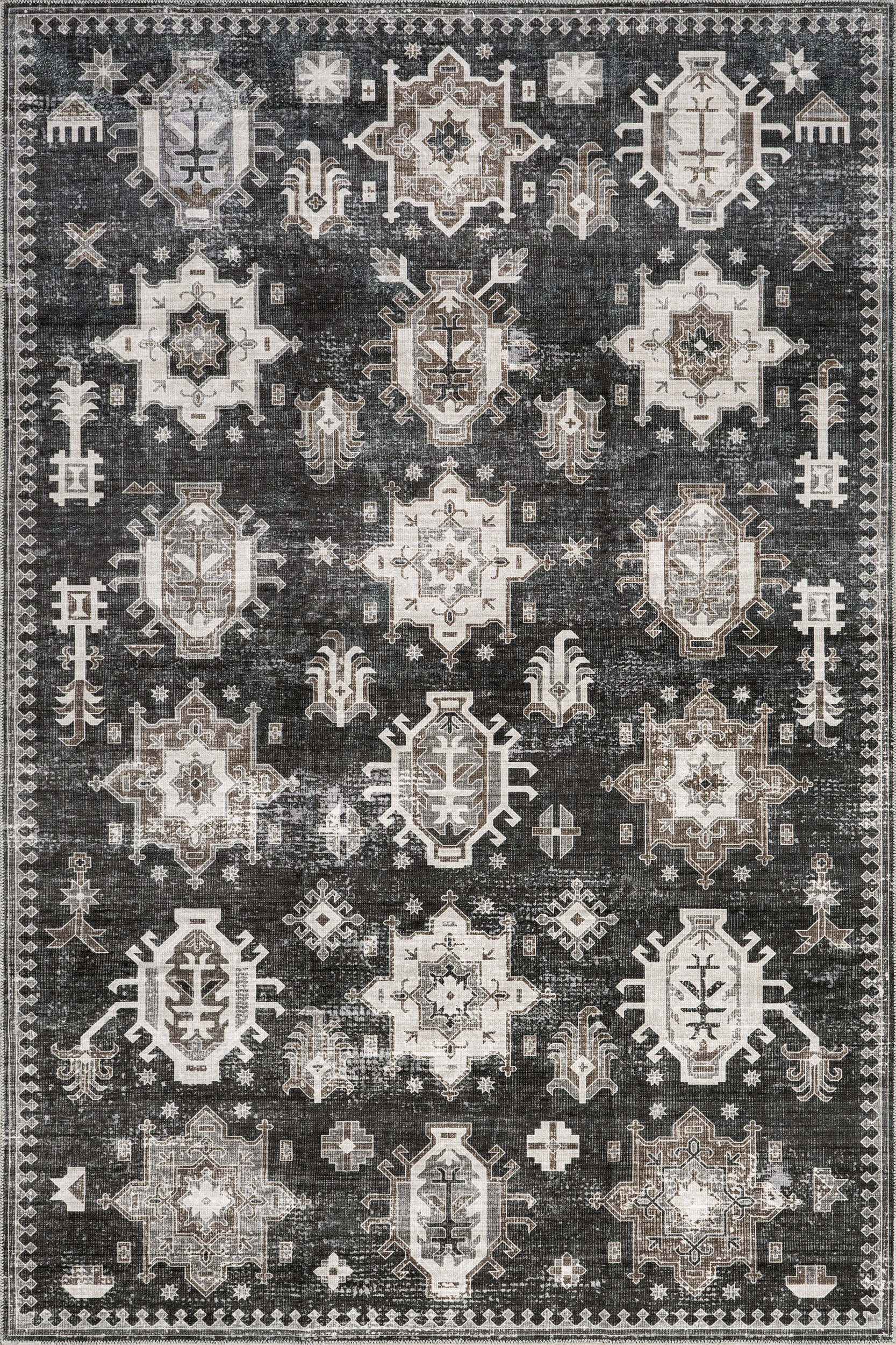Brenda Hazy Heraldry Washable Rug - Dark Grey Non-Slip Area Rug for Living Room, Bedroom, Nursery | Soft & Durable Machine Washable Carpet for Home Decor