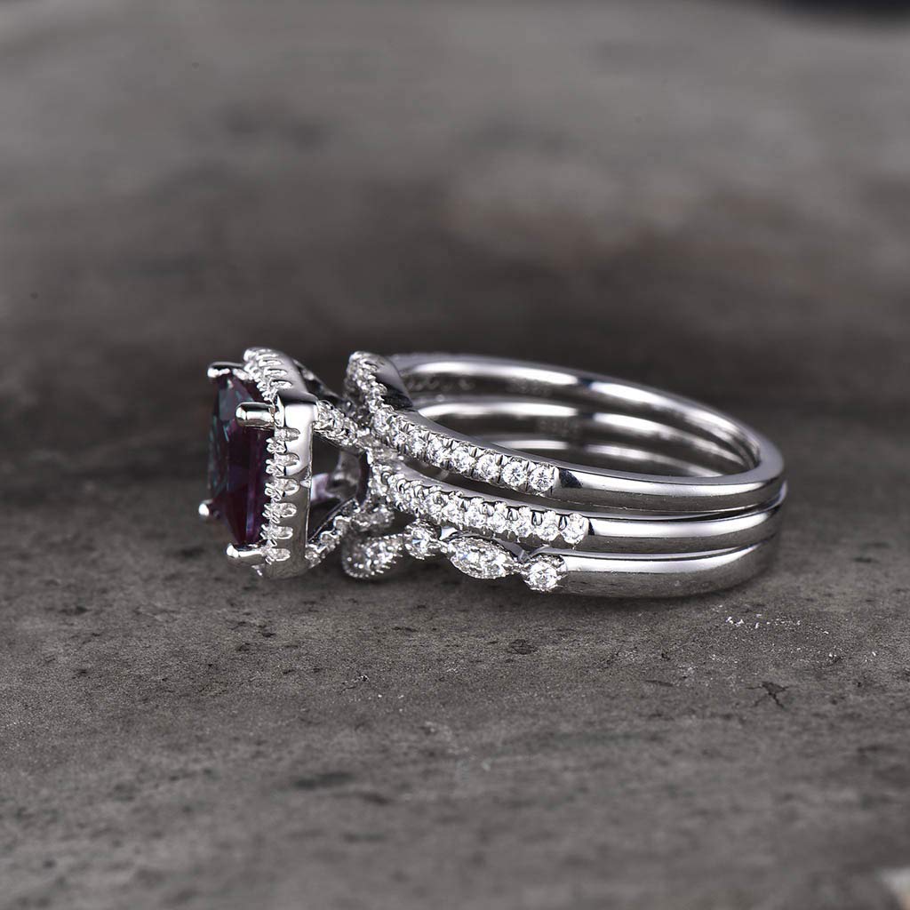 Alexandrite Engagement Ring Set with 7mm Princess Cut & CZ Wedding Band - Elegant Anniversary Gift for Her | Perfect for Proposals, Weddings & Special Occasions