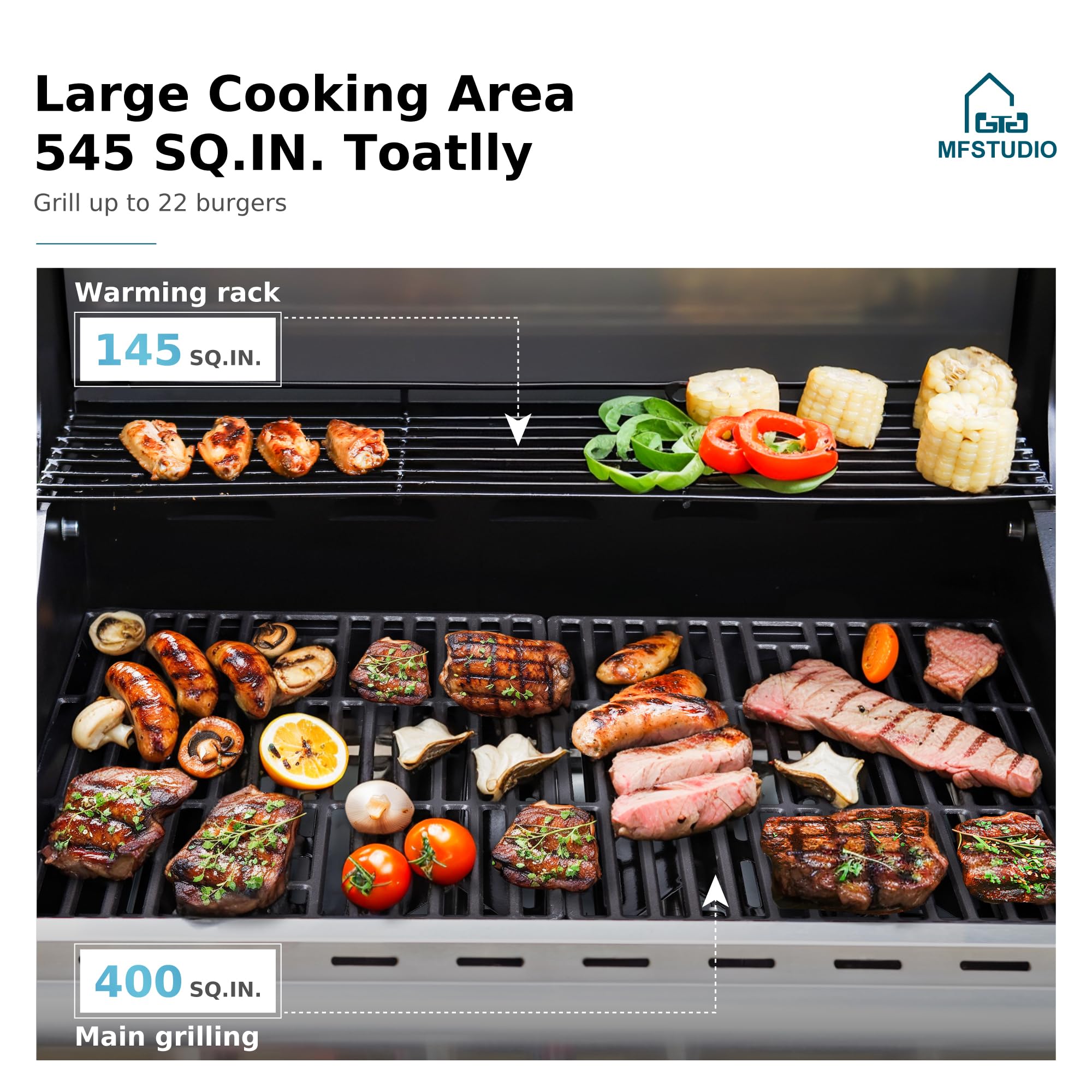 MFSTUDIO 4-Burner Propane Gas Grill - Stainless Steel BBQ Grill with Side Burner & Porcelain-Enameled Cast Iron Grates - High Heat Output for Outdoor Cooking, Backyard Parties, Camping & Tailgating