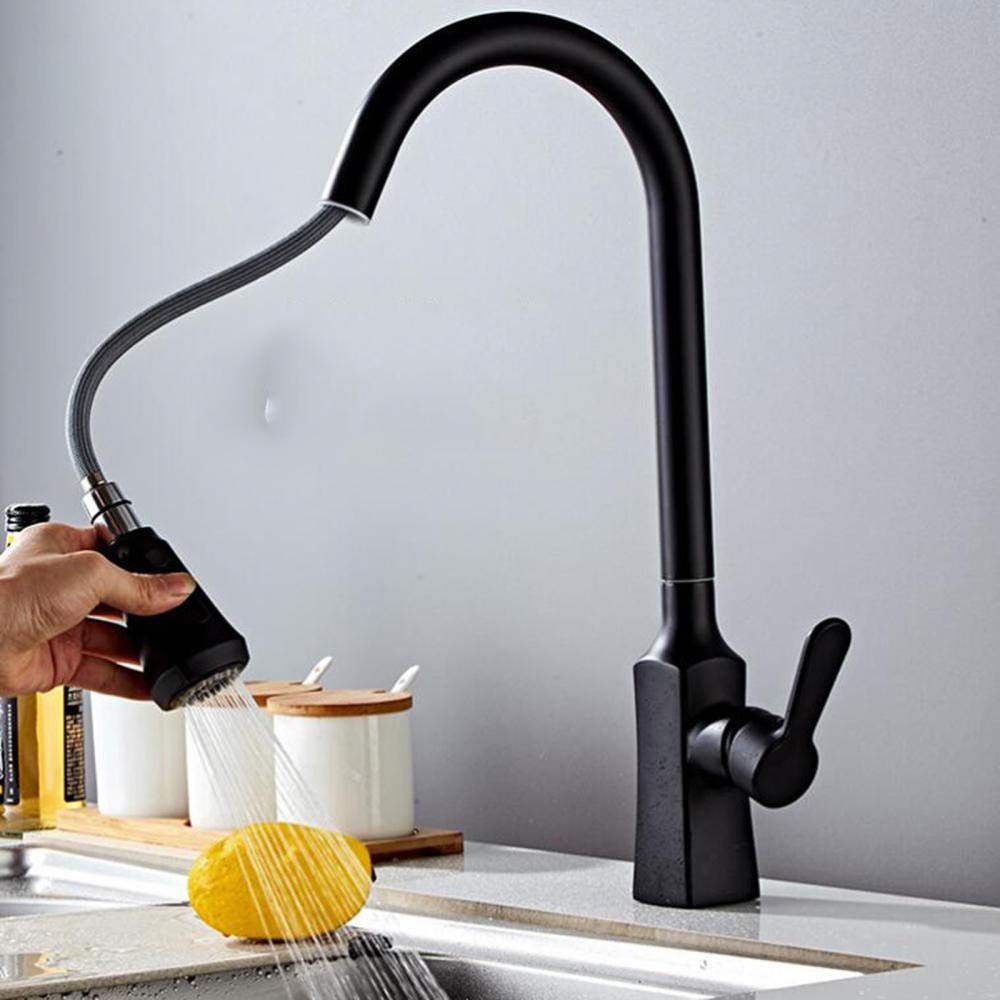 Stainless Steel Pull Out Spray Kitchen Faucet with 360 Degree Rotation - Hot & Cold Water Mixer Tap with 2 Functions & Filter Bubbler for Sink - Black (Perfect for Modern Kitchens & Easy Dishwashing)