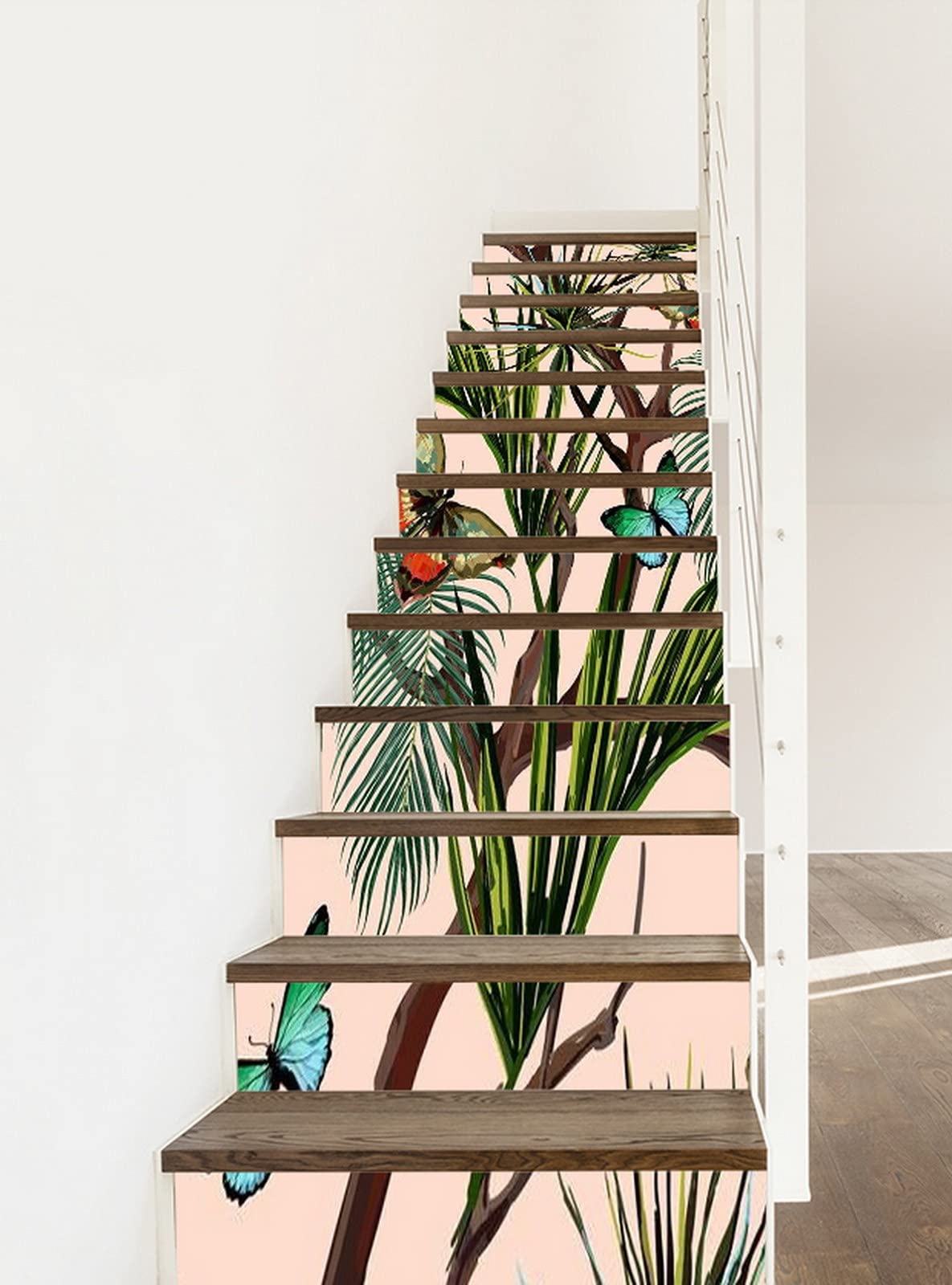 3D Self-Adhesive Removable Stair Stickers - Tropical Palm Leaves & Butterfly Design, Pink Background Vinyl Decals for Stair Risers, Kitchen Tiles & Wall Murals (13-Piece Set) | Perfect for Home Decor, Nursery, Bathroom & Office Renovation