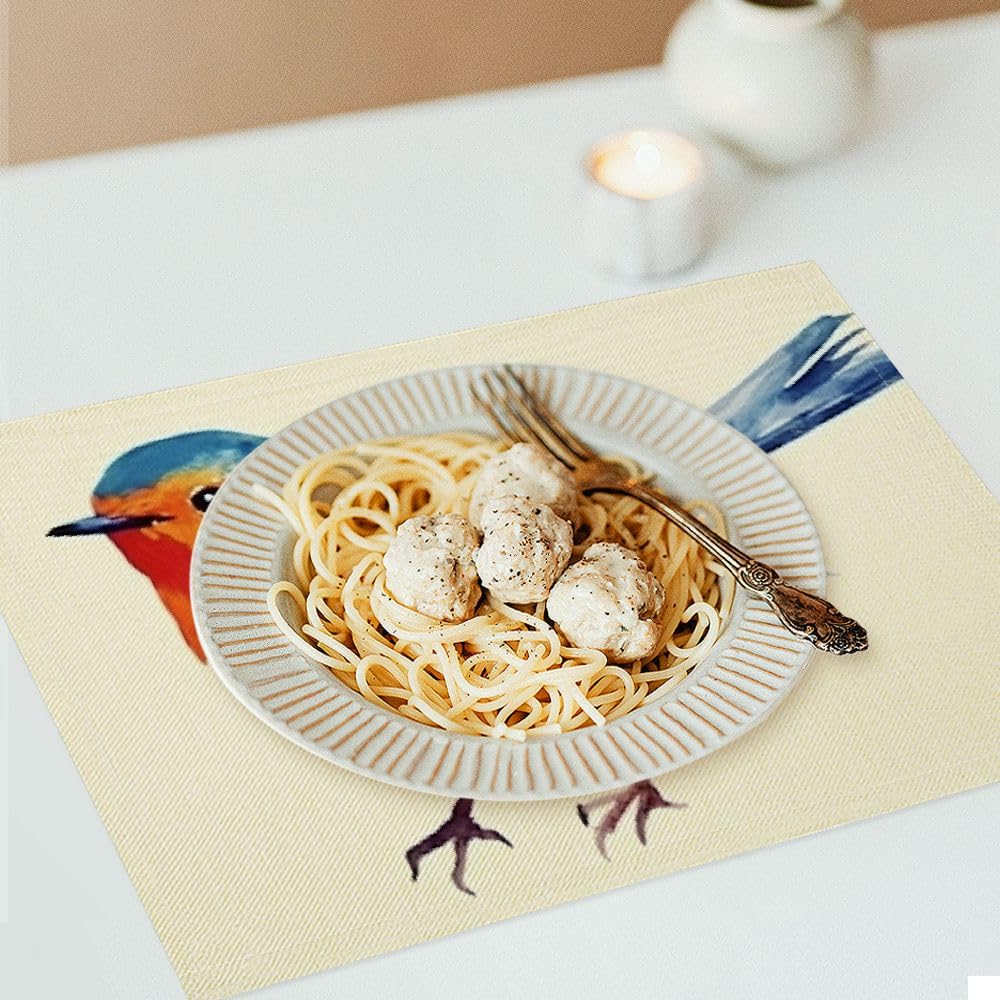 Yellow Floral Bird Placemats Set of 4 - 18x12 Inch Washable Linen Burlap Table Mats with Heat Insulation for Dining & Kitchen - Elegant Double-Layer Floral Table Decor for Home, Parties & Outdoor Dining