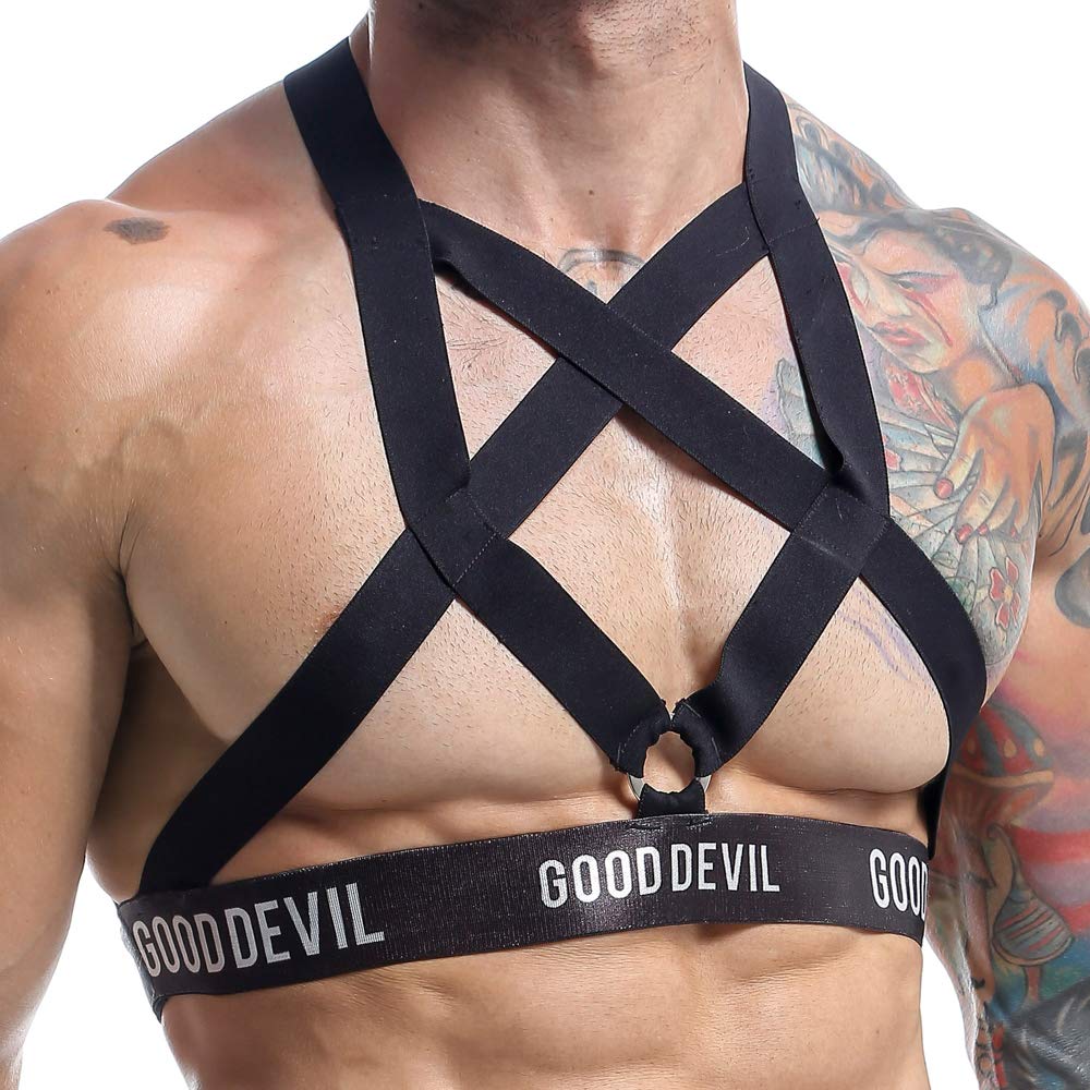 Men's Leather Harness with Criss-Cross Thick Straps & Fashion Ring - BDSM Bodysuit Top for Men, Gothic Punk Accessories for Nightclub, Festival & Fetish Wear