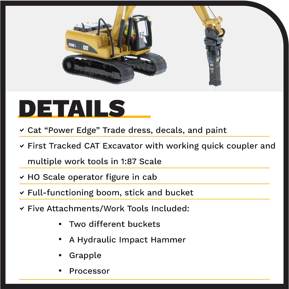 1:87 Scale Diecast Caterpillar 320D L Hydraulic Excavator with Work Tools - HO Scale Construction Equipment Model 85652 by Diecast Masters | Collectible Die-Cast Truck for Display & Construction Scene Dioramas