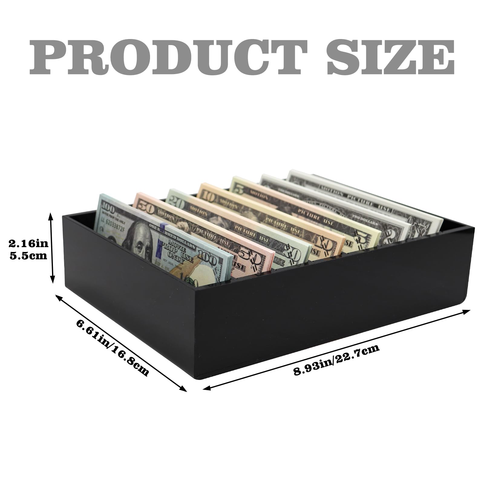 8-Compartment Black Acrylic Money Organizer - Cash Tray & Bill Holder for Retail, Salon, and Small Business | Secure Money Box for Dollar Bills & Coins