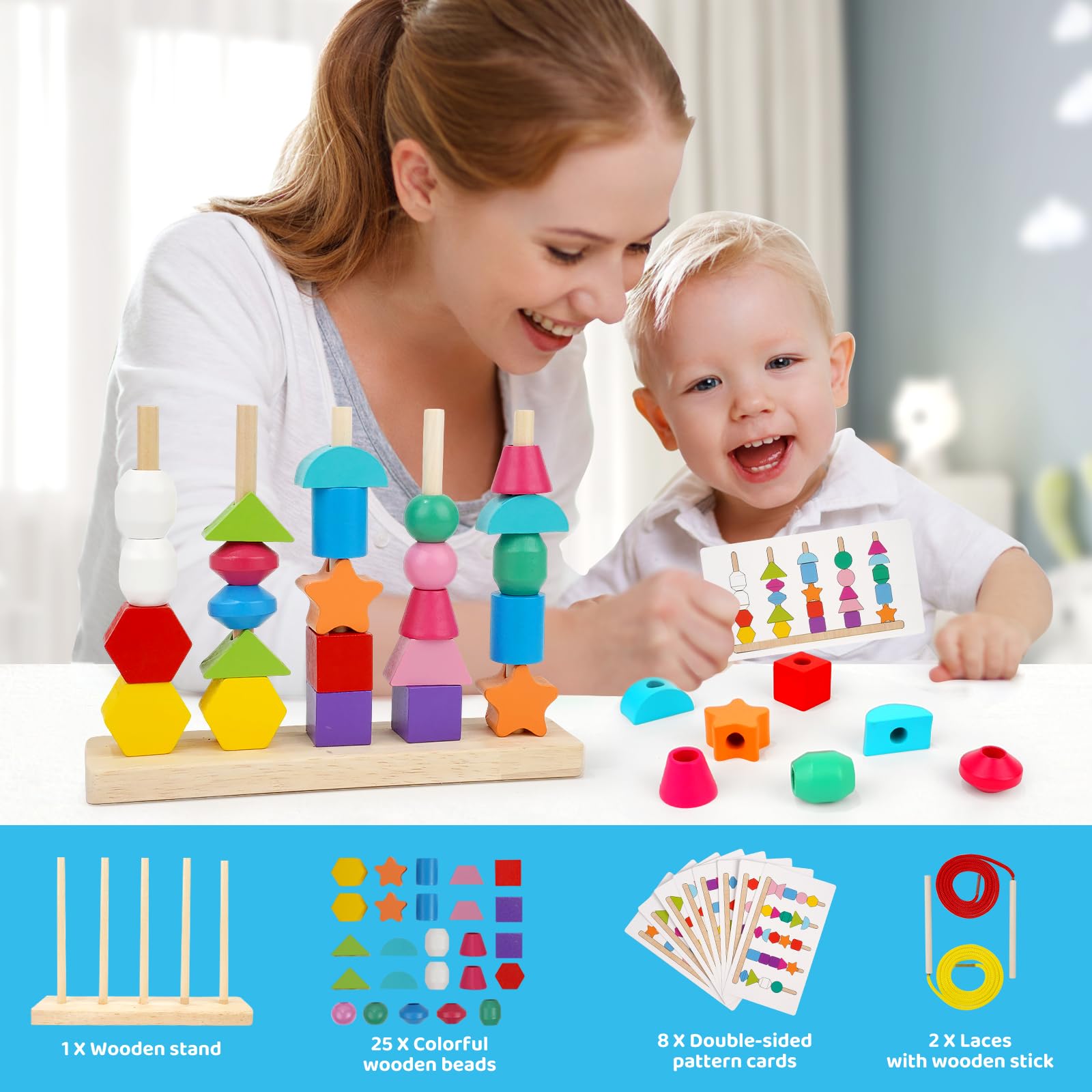 Montessori Wooden Beads Sequencing Toy Set for Toddlers Ages 2-4 - STEM Preschool Learning Toy with Lacing Beads, Stacking Blocks & Shape Matching - Perfect Birthday Gift for Boys & Girls | Classroom & Homeschool Educational Activities