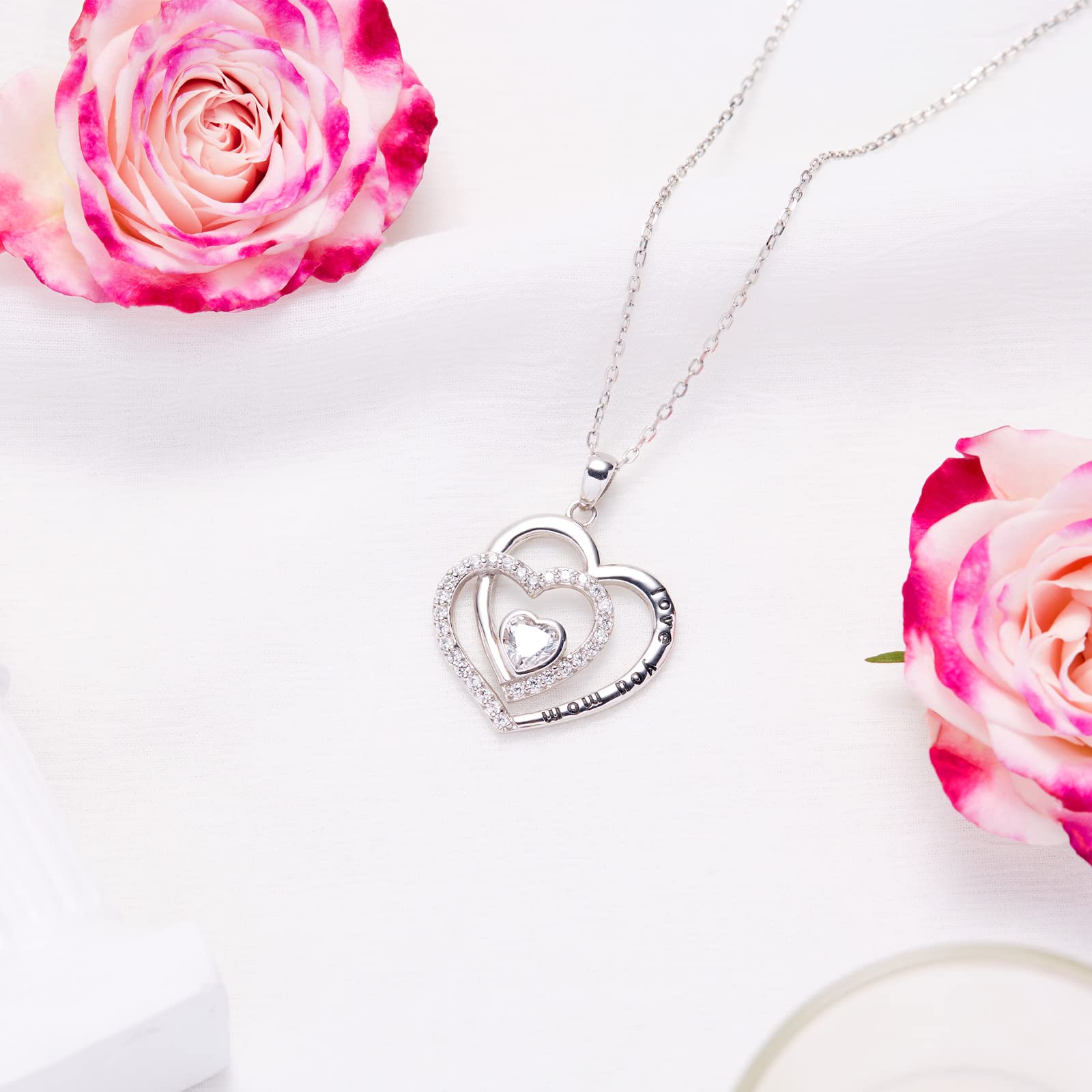 LANE WOODS Mother's Day Necklace Gift for Mom - White Gold Plated 925 Sterling Silver Heart Engraved Pendant Jewelry | Thoughtful Present from Daughter or Son | Perfect for Birthday, Anniversary & Special Occasions