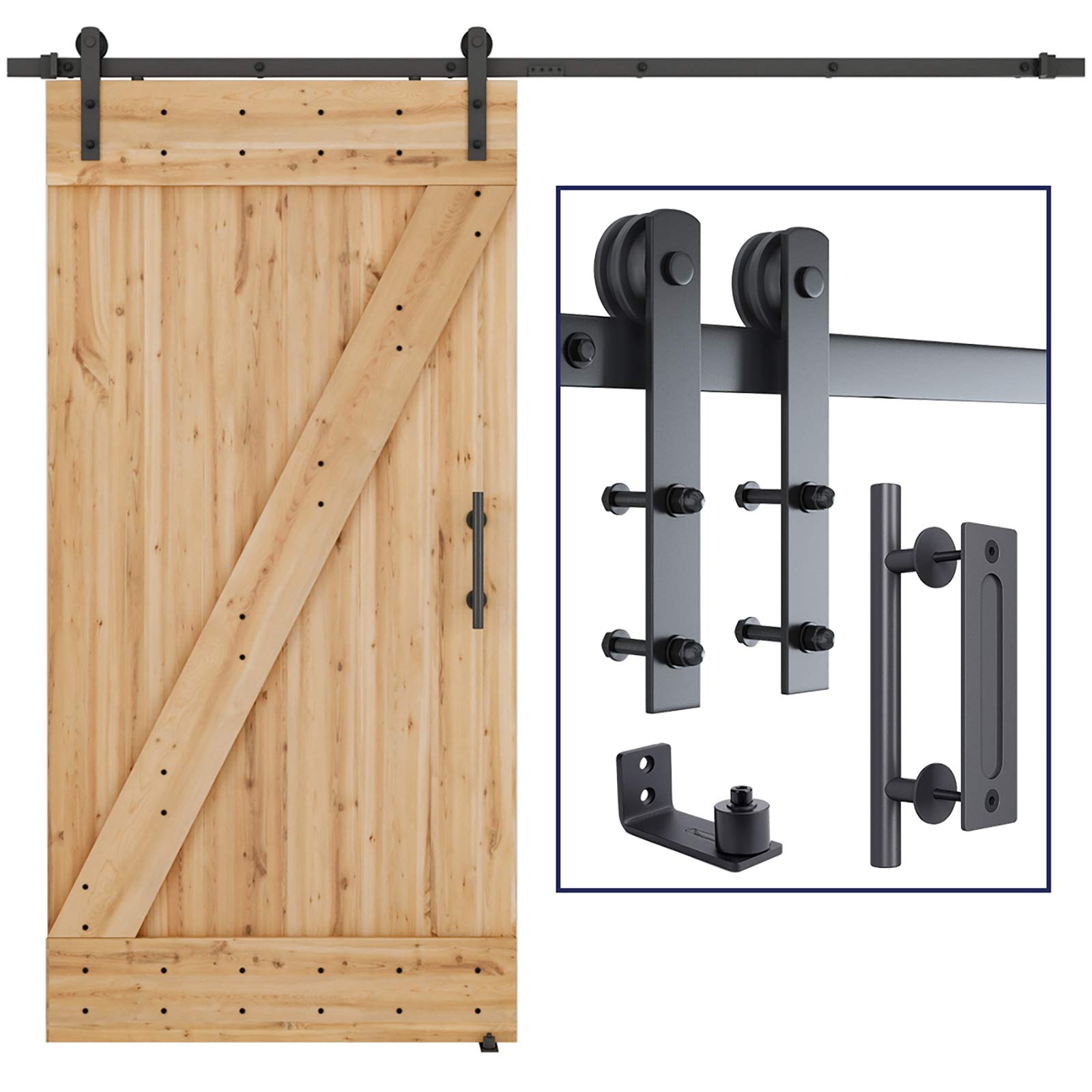 SMARTSTANDARD 8 FT Heavy Duty Sliding Barn Door Hardware Kit - Black, Complete Set with Pull Handle & Floor Guide for 42