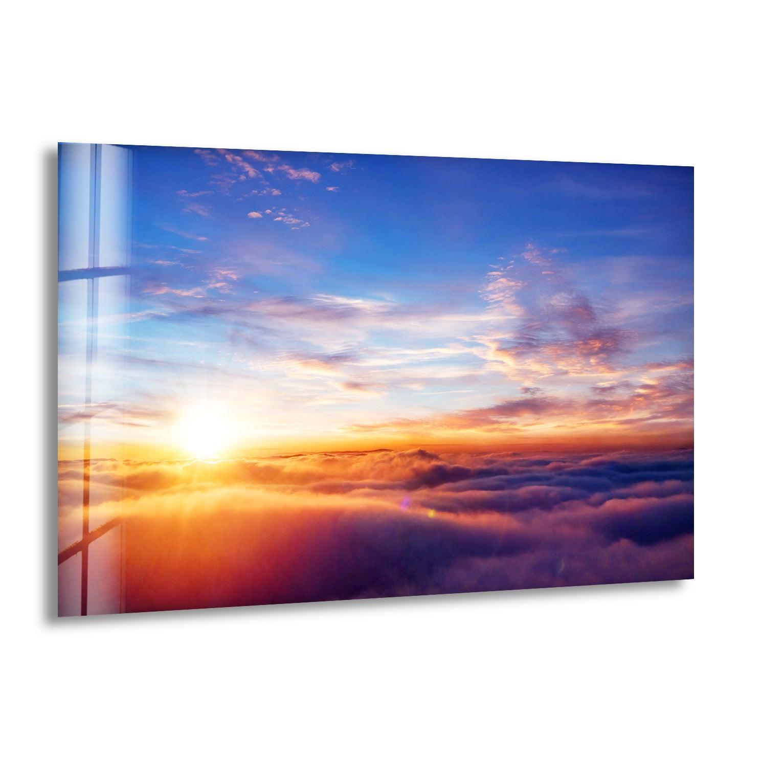 Stunning Sunrise on Glass Wall Art - Above the Clouds Panoramic Landscape Decor for Living Room, Bedroom & Office