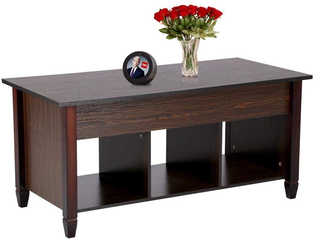 Minimalist Lift Top Coffee Table with Hidden Storage Compartment & Shelves - Modern Wooden Cocktail Table for Living Room, Bedroom, or Office (Brown) - Perfect for Small Spaces, Entertaining & Organization