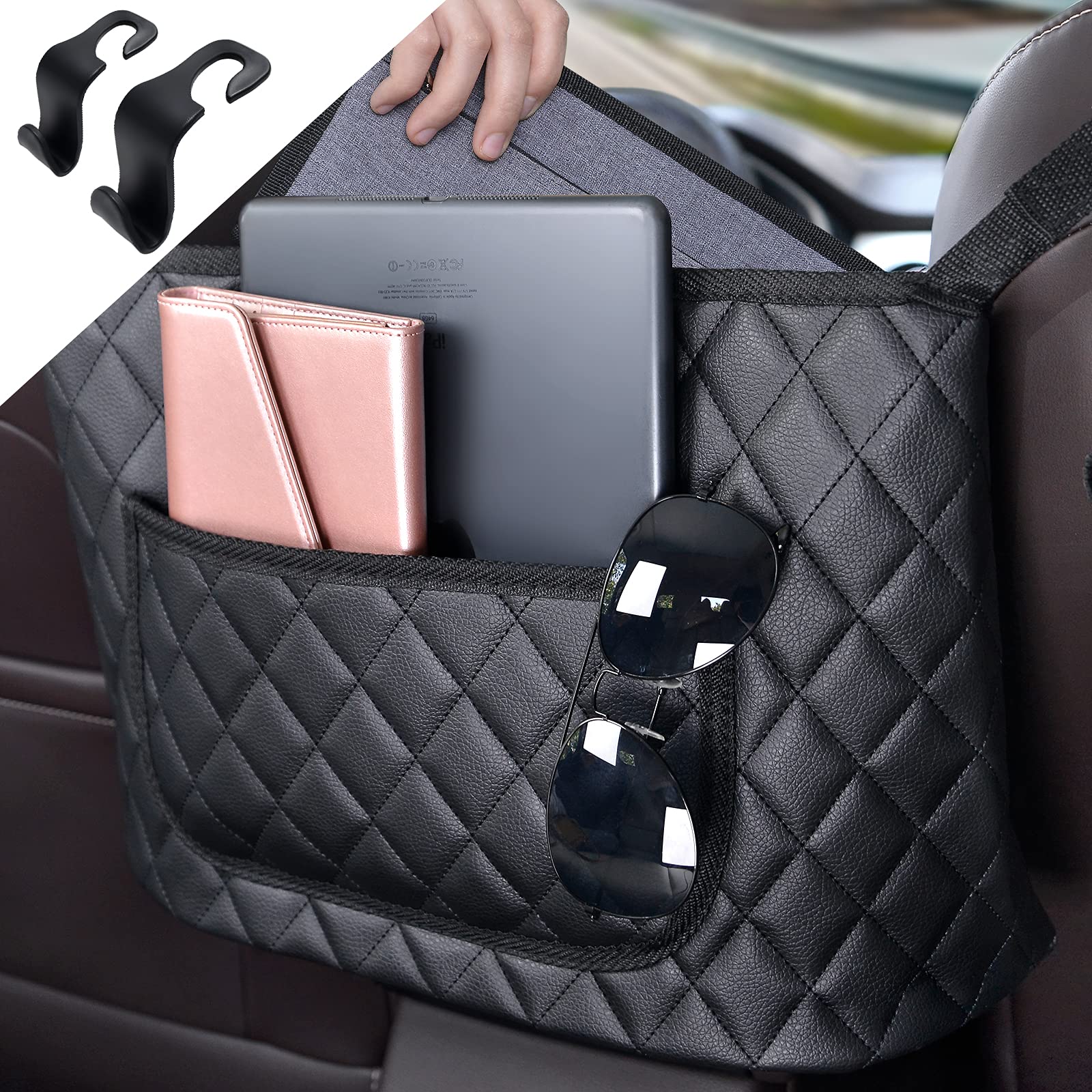 Leather Car Seat Back Organizer - 2 Pack Handbag Holder & Storage Pouch for Purse Between Seats | Perfect for Road Trips, Commuting & Family Travel Accessories