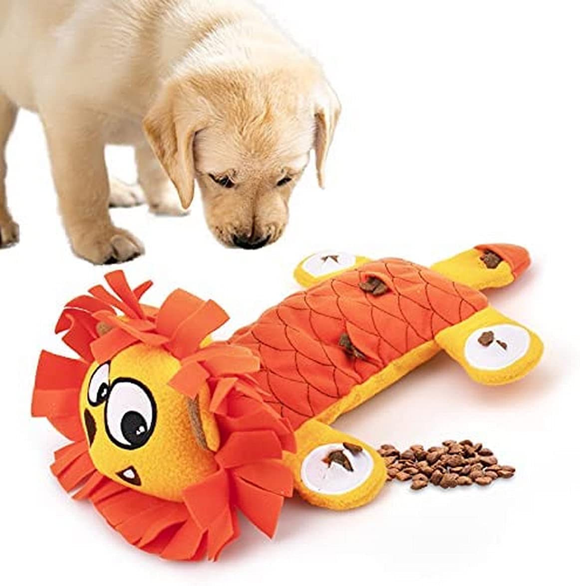 Squeaky Plush Dog Toys for Boredom Relief - Interactive Chew & Snuffle Toys for Foraging Instinct Training - Stress Relief Treat Dispenser for Small & Medium Dogs - Perfect for Indoor Play & Training (Golden Bull/Red Lion)