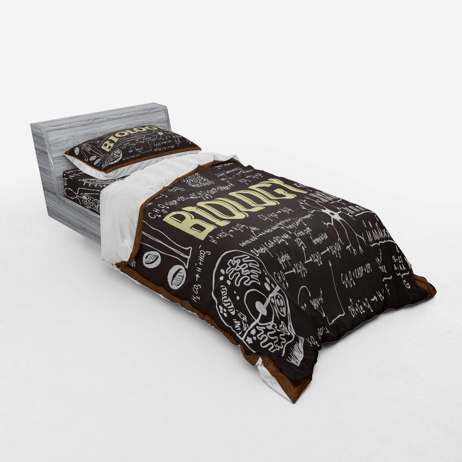 Ambesonne Science Duvet Cover Set - Black Chalkboard Biology Handwritten Design, 3-Piece Bedding Set with Pillow Sham & Fitted Sheet, Twin Size in Black/Brown/Pale Yellow | Perfect for Science Lovers, Dorm Rooms & Themed Bedrooms