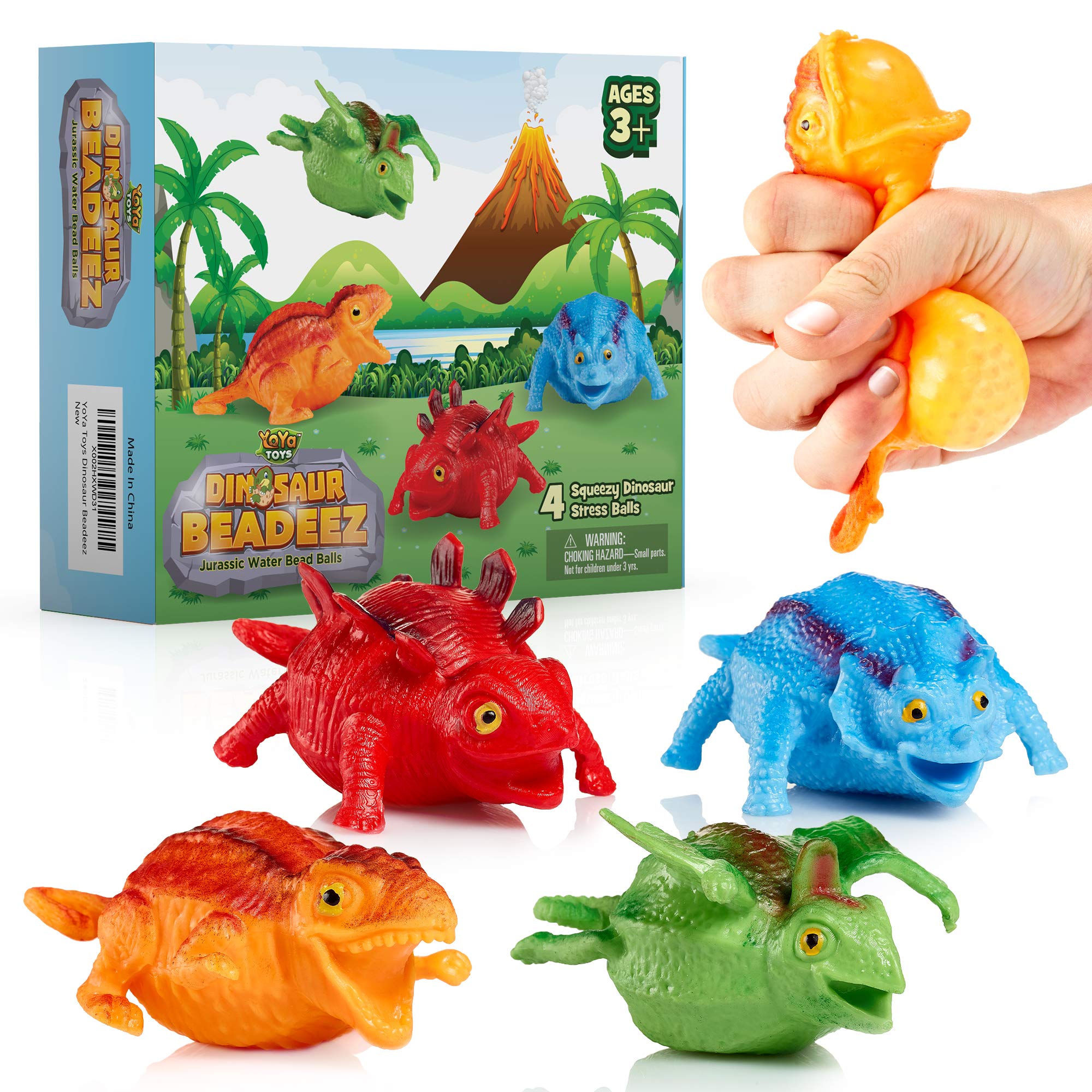 YoYa Toys Beadeez Dinosaur Squishy Stress Ball Set (4-Pack) - Colorful Gel Water Bead Sensory Fidget Toys for Kids & Adults - Anxiety Relief & Stress Relief - Perfect for Office, Classroom & Home Use