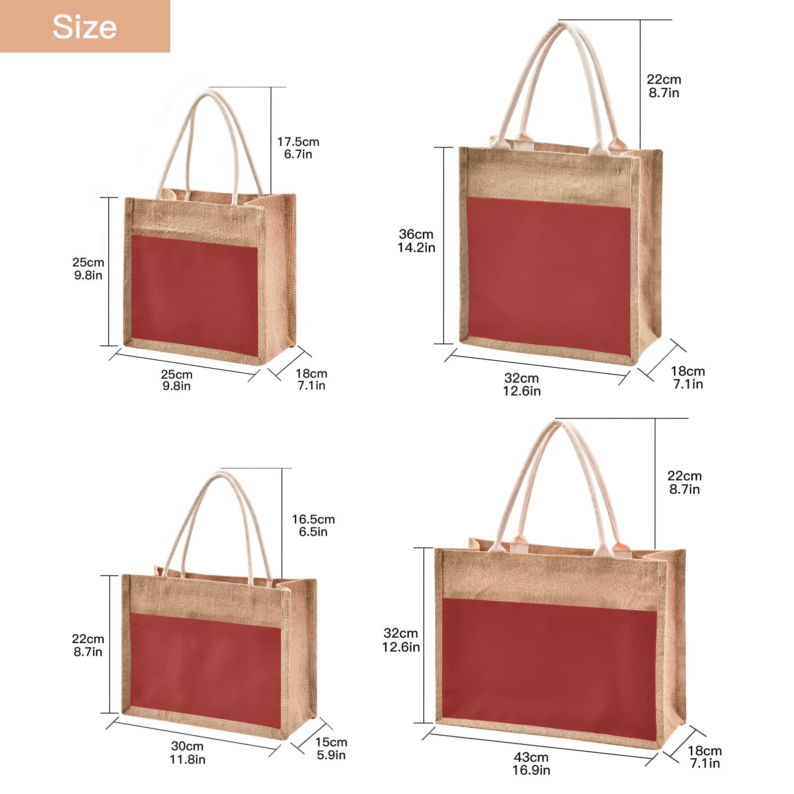 Linqin Burgundy Jute Tote Bag - Waterproof Burlap Straw Grocery Bag with Sturdy Handles for Shopping, Travel & Beach | Eco-Friendly Reusable Shopping Tote for Groceries, Picnics and Farmers Market