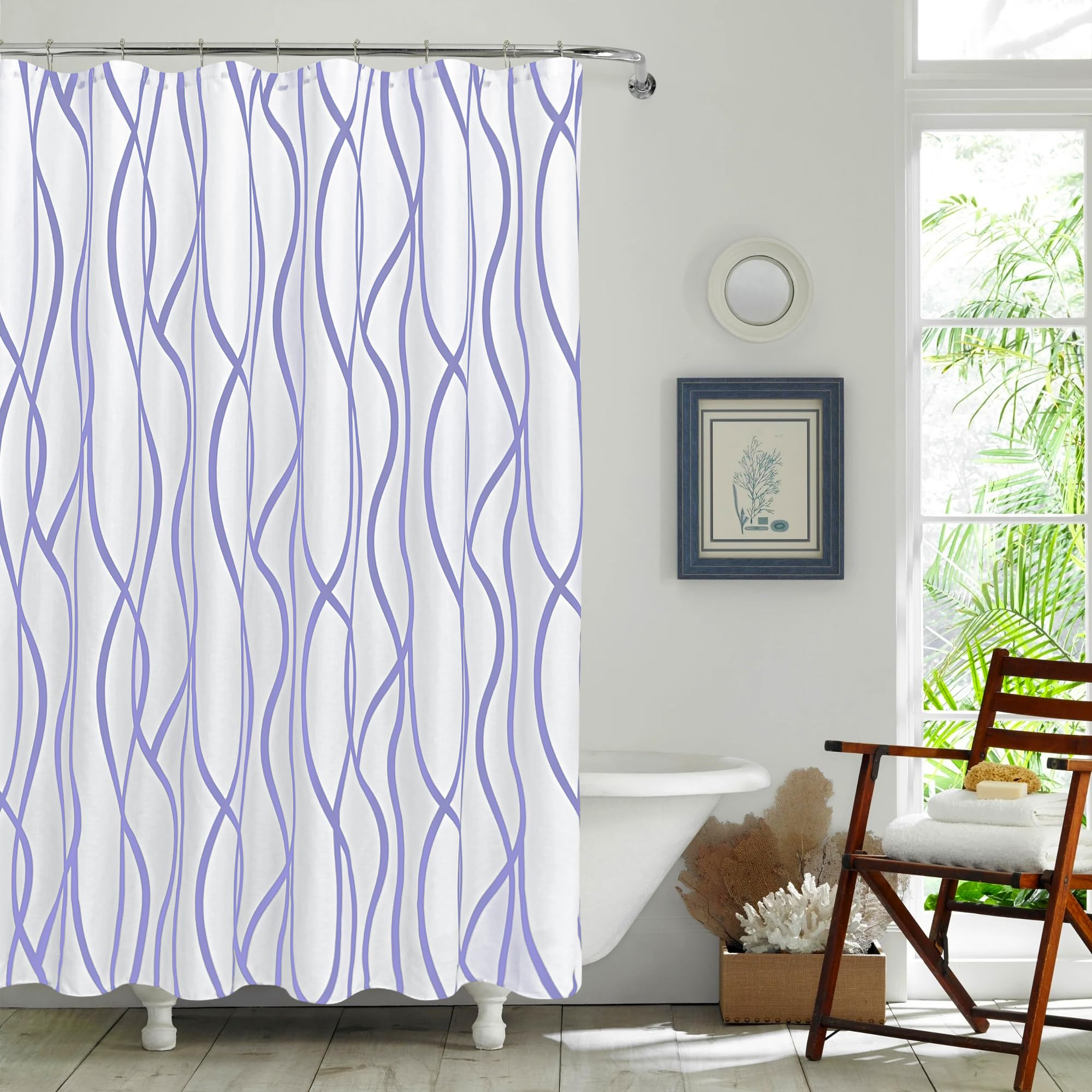 Biscaynebay Textured Fabric Shower Curtain 72x72 Inch - Lavender Striped Linen Bathroom Curtain, Luxury Hotel Quality, Machine Washable - Perfect for Modern Home, Spa & Guest Bathroom Decor