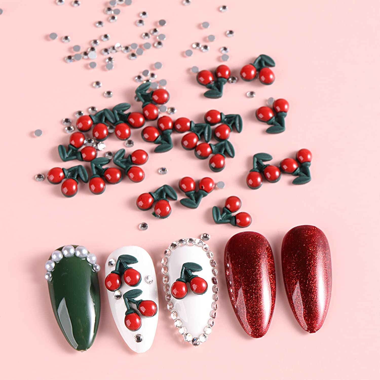 3D Cherry Nail Charms - 40Pcs Cherry Blossom Nail Rhinestones for Acrylic Nails, Flat Base Nail Art Decorations - Perfect for Spring Nail Designs, DIY Manicures & Nail Jewelry Crafts