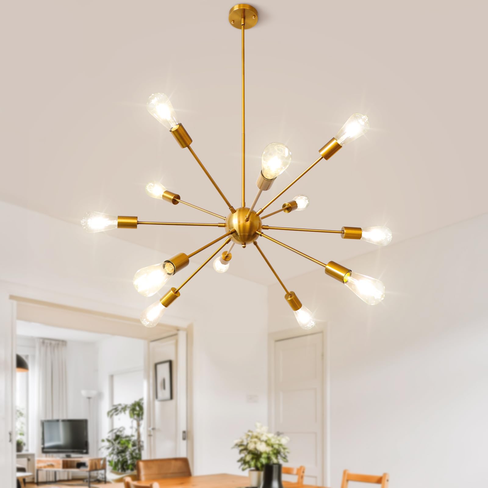 LynPon Gold Sputnik Chandelier - 12-Light Modern Adjustable Height Ceiling Fixture in Plated Gold for Dining Room, Living Room, Entryway, Foyer, Kitchen & Bedroom - Elegant Lighting for Home Decor and Special Occasions