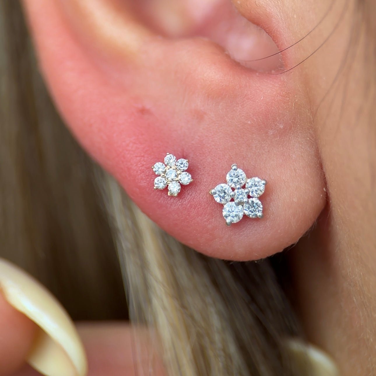 14k Yellow Gold Six Round Diamond Flower Stud Earrings for Women - Perfect for Weddings, Parties & Everyday Elegance