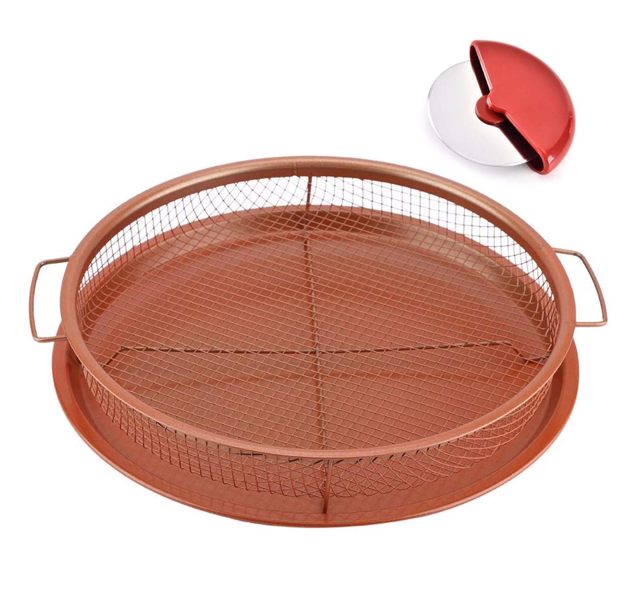 Premium Nonstick Copper Air Fryer Pan & Mesh Basket Set - 2-Piece Oven Safe Cookware for Healthy French Fries, Frozen Foods & Oil-Free Baking | Perfect for Family Dinners, Meal Prep & Quick Snacks by WHG (Round, 2-Pack)