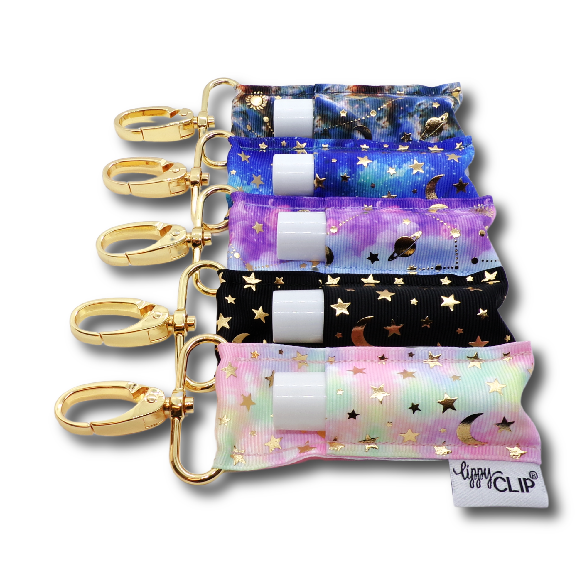 Celestial Moon & Stars Black Gold Lip Balm Holder - Stylish Lip Gloss Clip for Keychain or Purse - Perfect for On-the-Go Moisture & Fashion Accessory