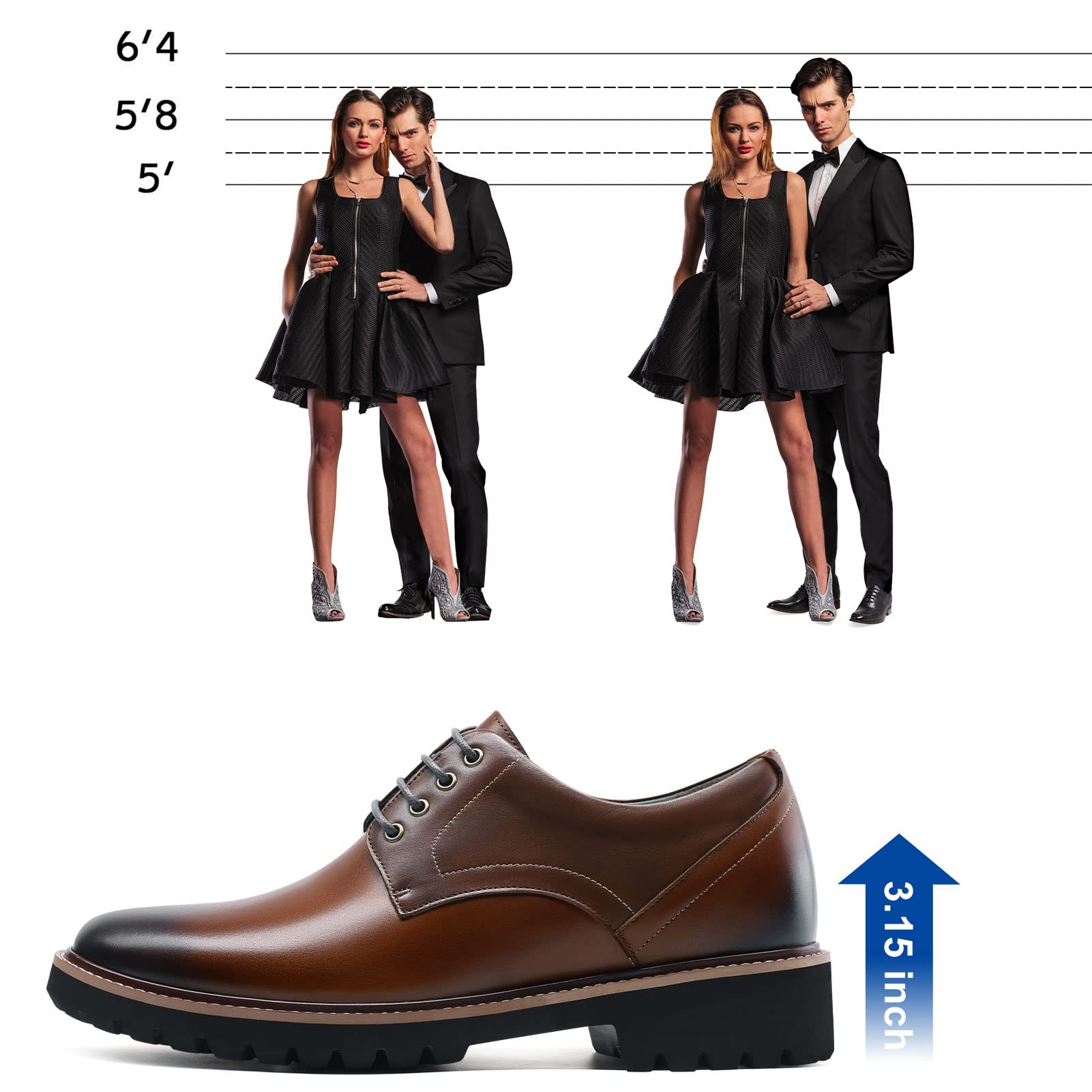 CHAMARIPA Men's Height Increasing Shoes - Leather Lace-up Dress Elevator Shoes for Discreet Height Boost | Perfect for Work, Weddings & Formal Events