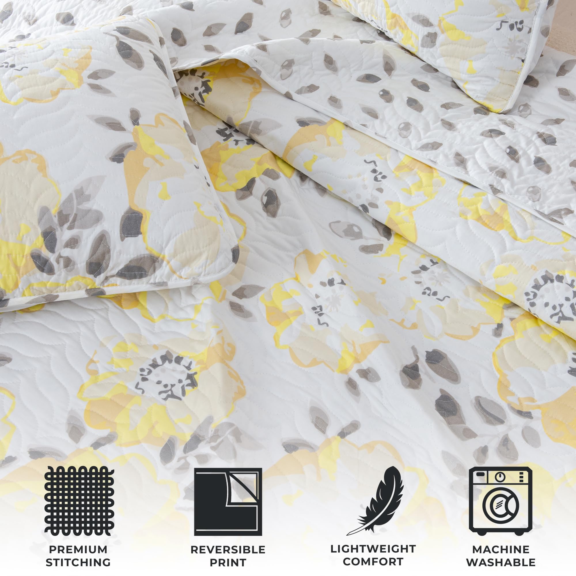 Floral King Quilt Set - Reversible Farmhouse Bedding for All Seasons | Lightweight Yellow Bedspread