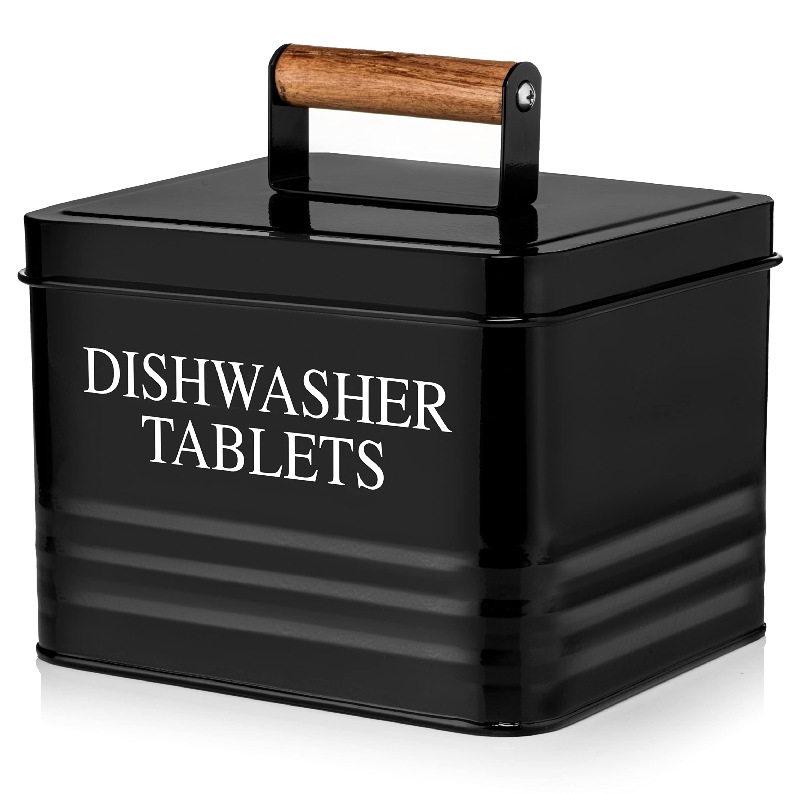 Modern Farmhouse Metal Dish Rack with Lid - Black Dishwasher Pods Storage Container for Kitchen Organization | Kitchen Decor Essentials | Perfect for Countertop, Pantry & Under Sink Storage
