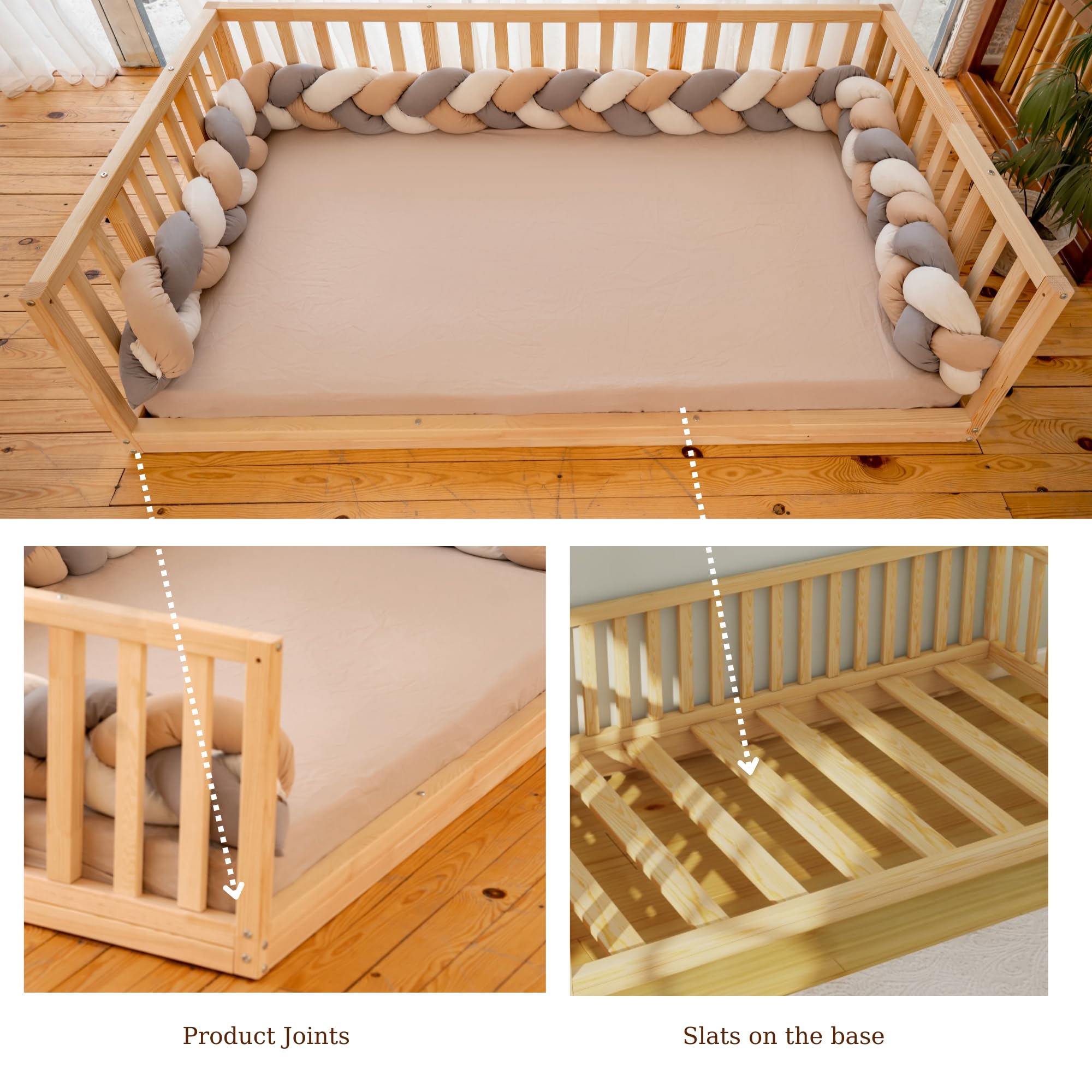 Montessori Floor Bed for Toddlers & Kids - Natural Solid Pine Wood Frame with Wooden Slats - Sturdy Low Profile Bed for Boys & Girls (19