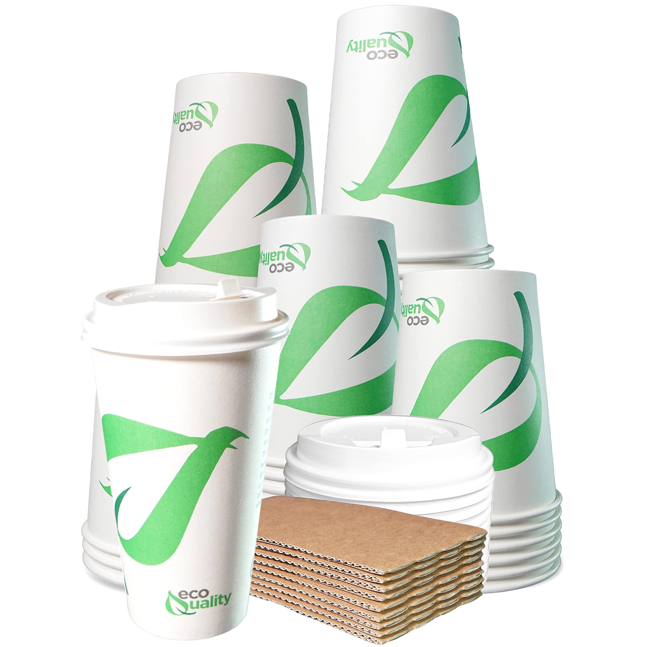 20 oz Biodegradable Compostable Paper Coffee Cups with White Dome Lids & Sleeves - PLA Lined Eco-Friendly Disposable Hot/Cold Drink Cups (250 Pack) - Perfect for Coffee Shops, Offices, Parties and Events
