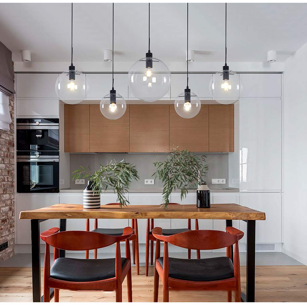 Handblown Clear Glass Pendant Light with Black Lamp Holder & Adjustable Cord - 7.9