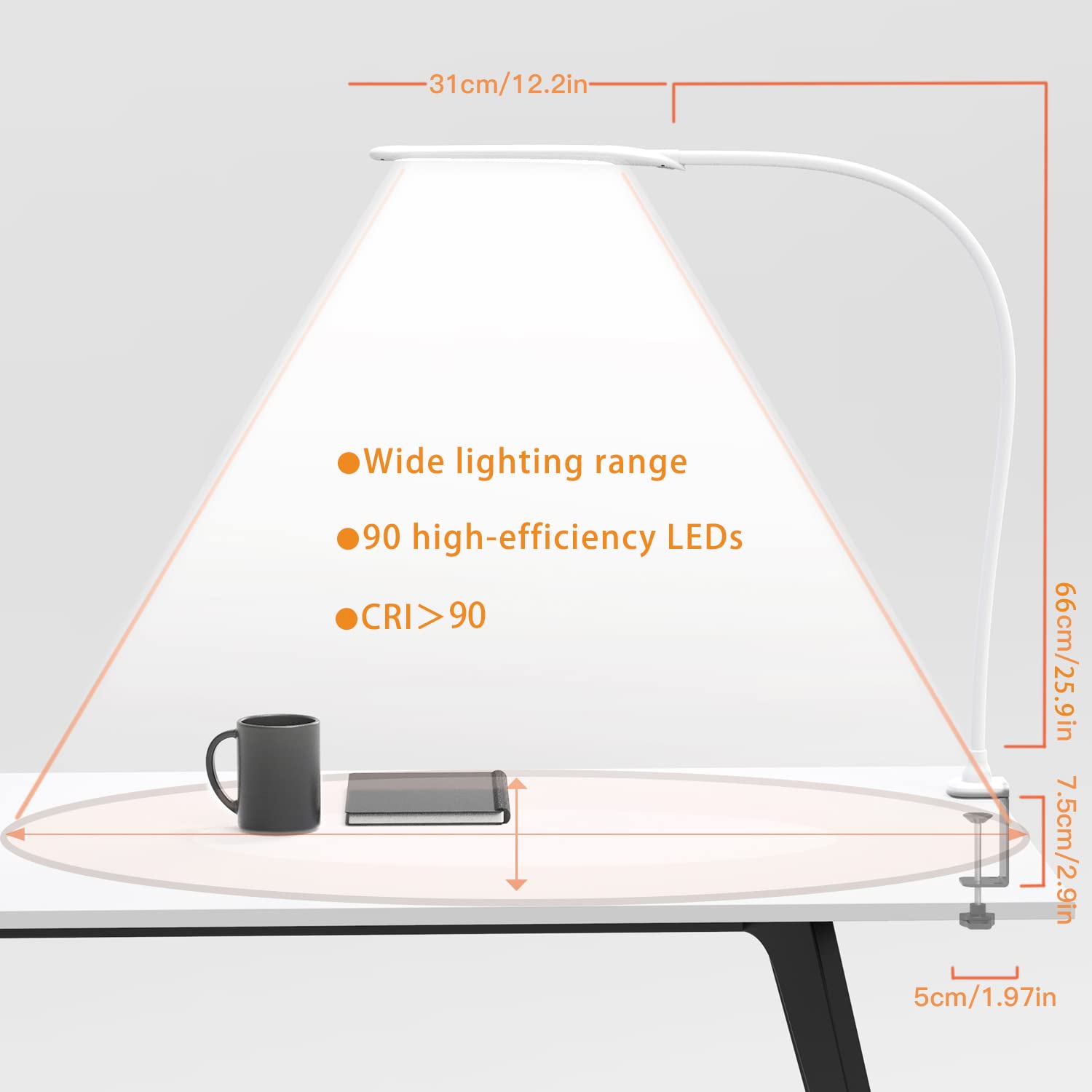 YOUKOYI LED Clamp Desk Lamp - 10 Brightness Levels & 3 Color Modes Adjustable, Stepless Dimming Eye-Caring Light for Home Office, Reading, Studying, Crafting, and Workspace Lighting